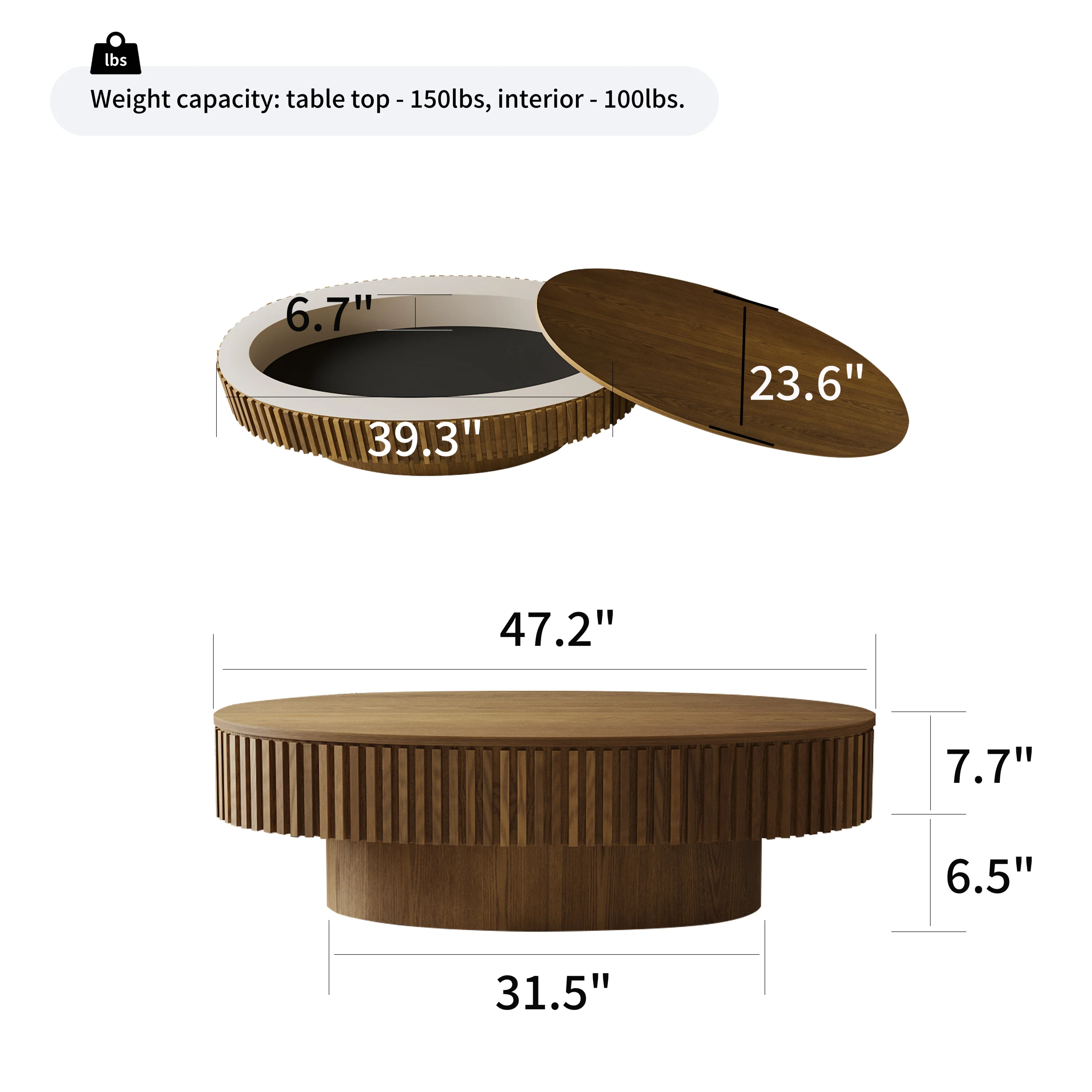 Modern Fluted Oval Solid Wood Veneered Coffee Table with Storage - Image 15