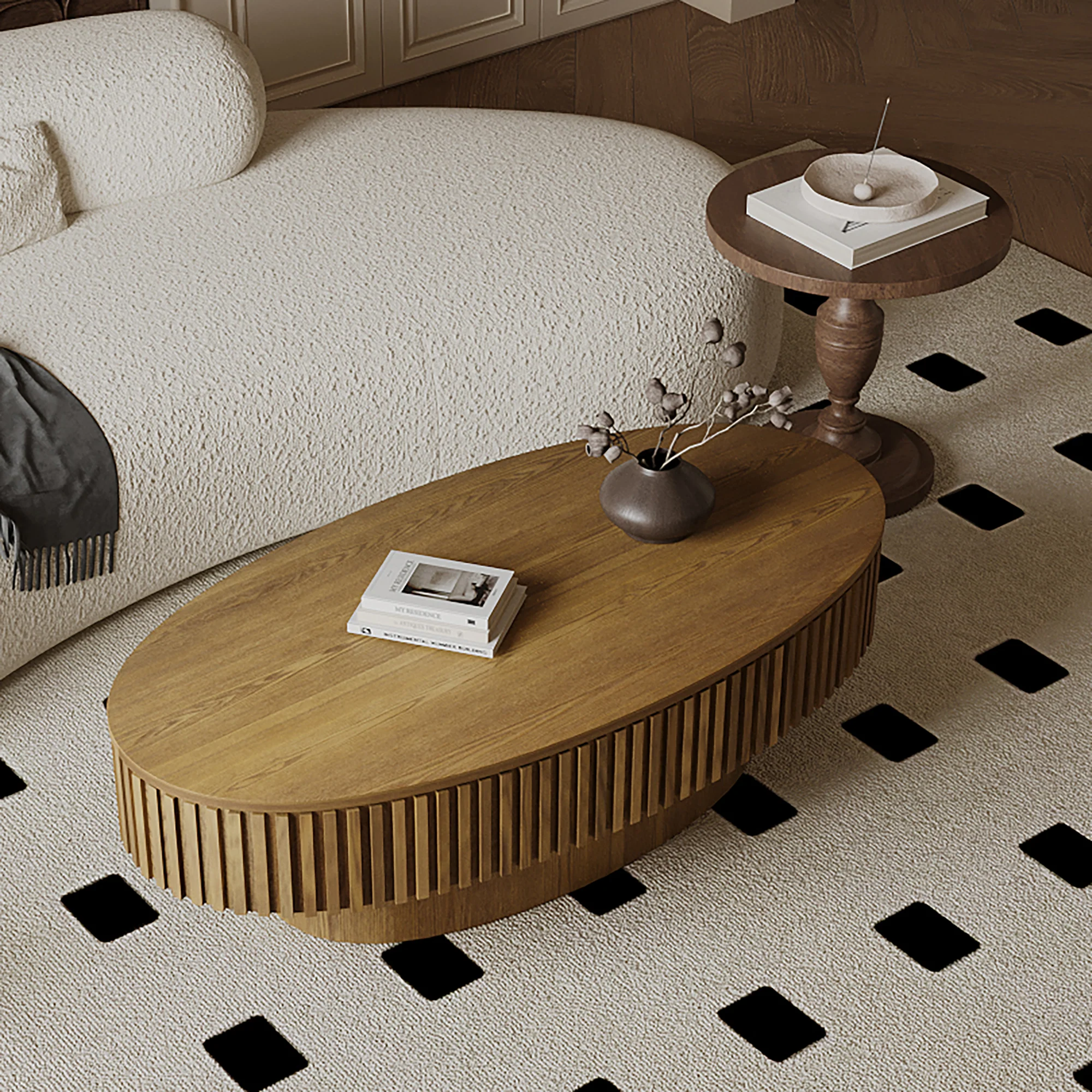Modern Fluted Oval Solid Wood Veneered Coffee Table with Storage - Image 5