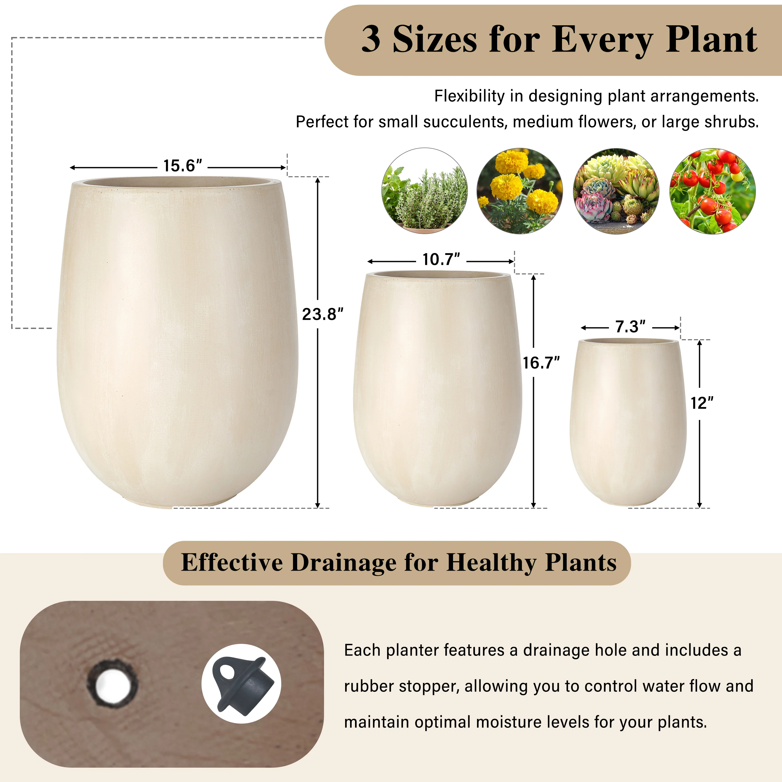 Modern Lightweight Round Outdoor Indoor Patio Planter Set of 3 - Image 3