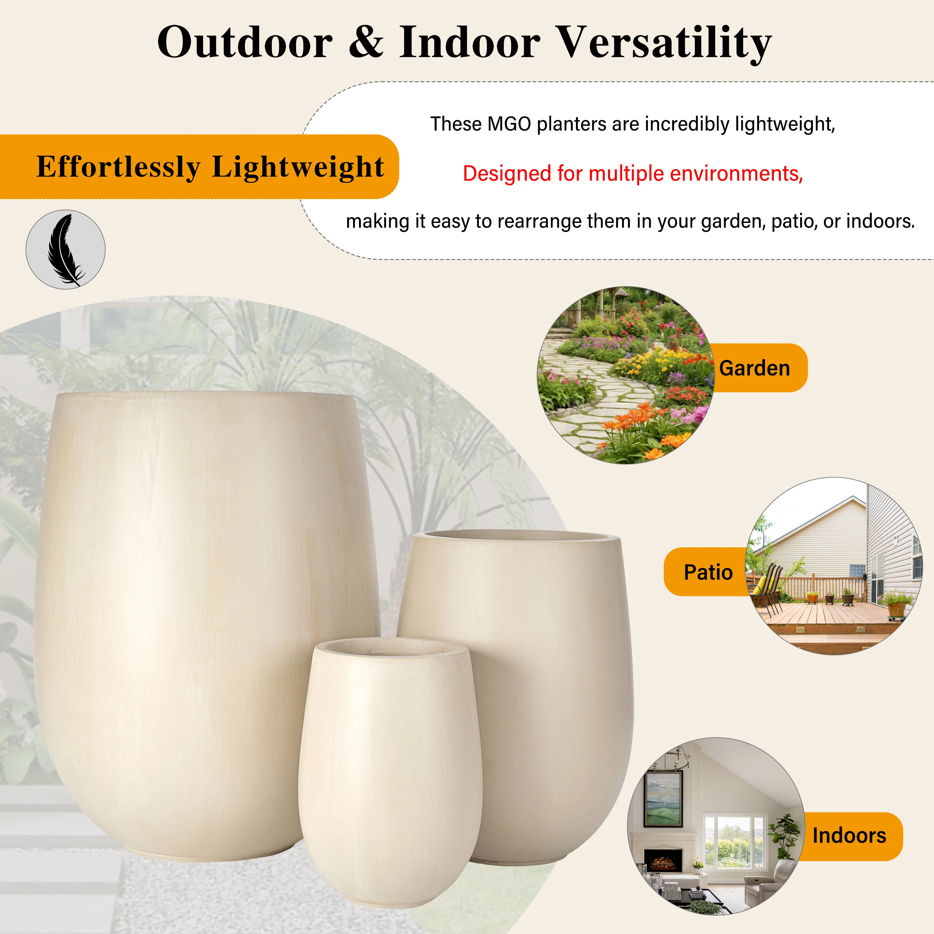 Modern Lightweight Round Outdoor Indoor Patio Planter Set of 3 - Image 4