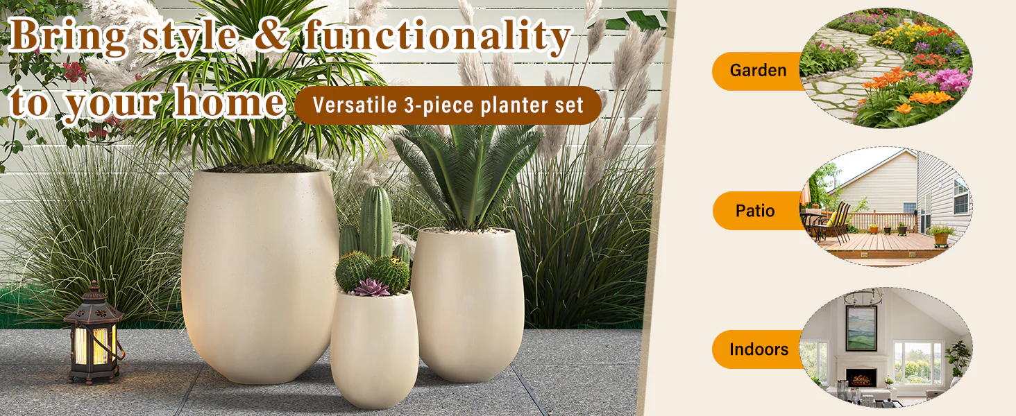 Modern Lightweight Round Outdoor Indoor Patio Planter Set of 3 - Image 7