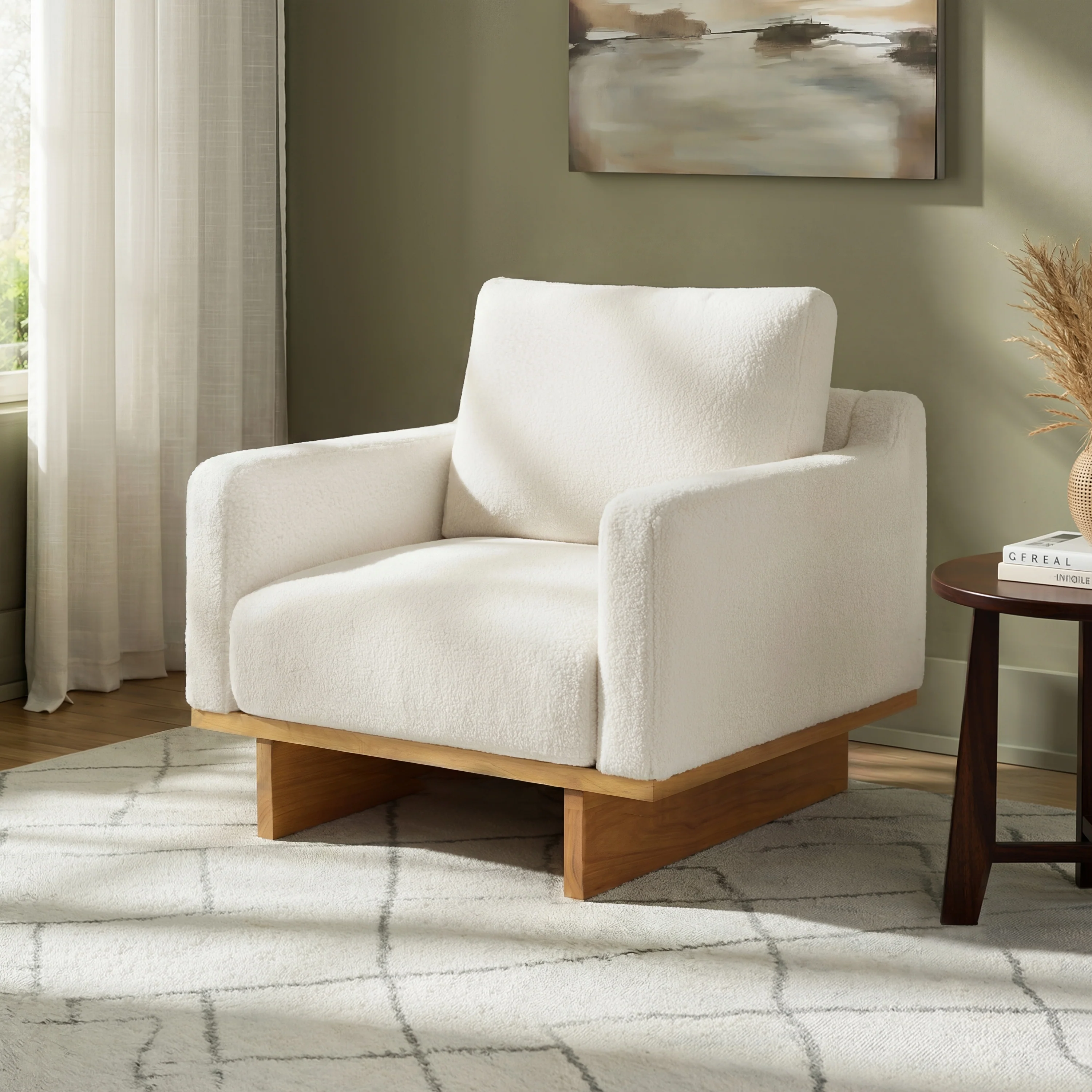 Mid-Century Modern White Minimalist Accent Chair with Solid Wood Frame