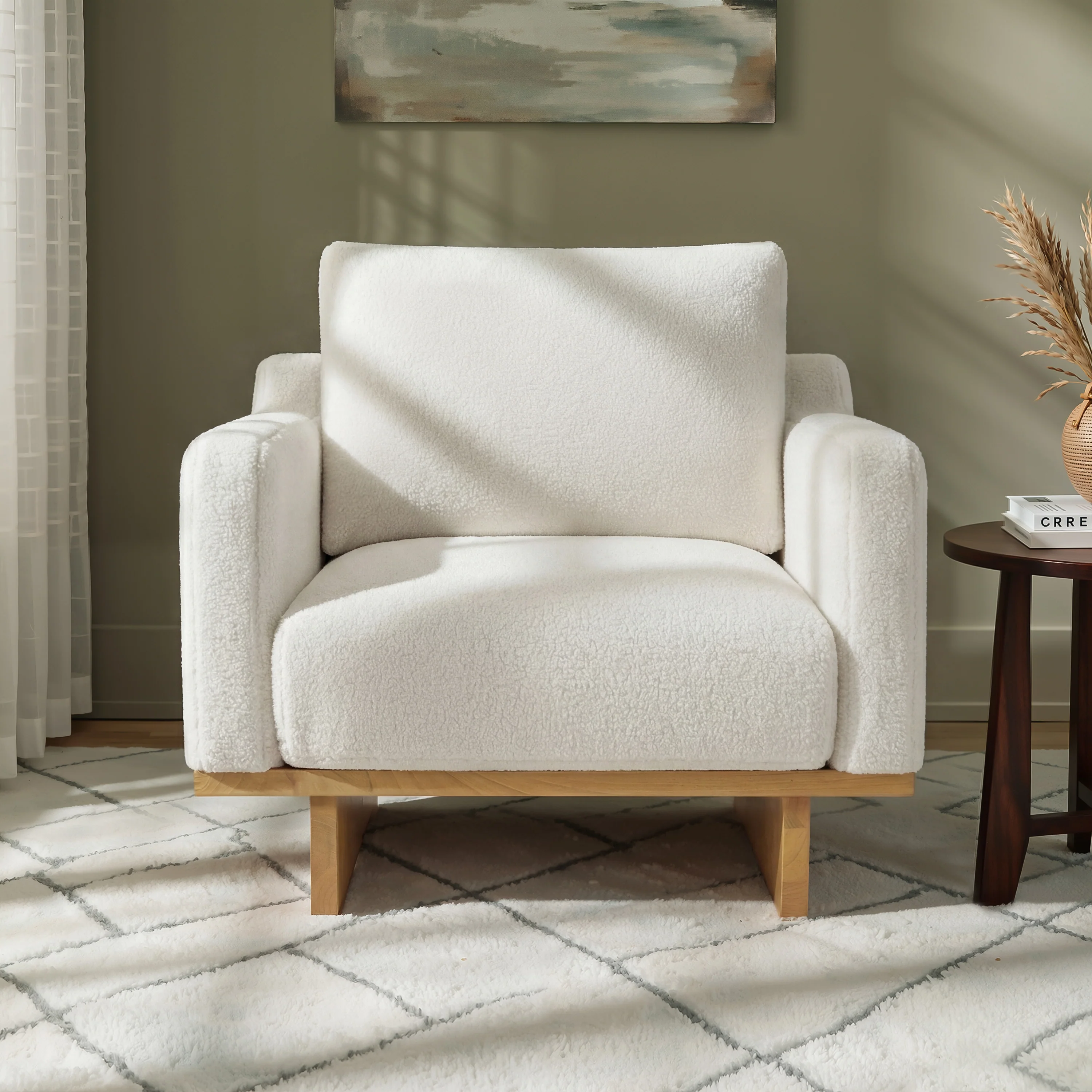 Mid-Century Modern White Minimalist Accent Chair with Solid Wood Frame - Image 2