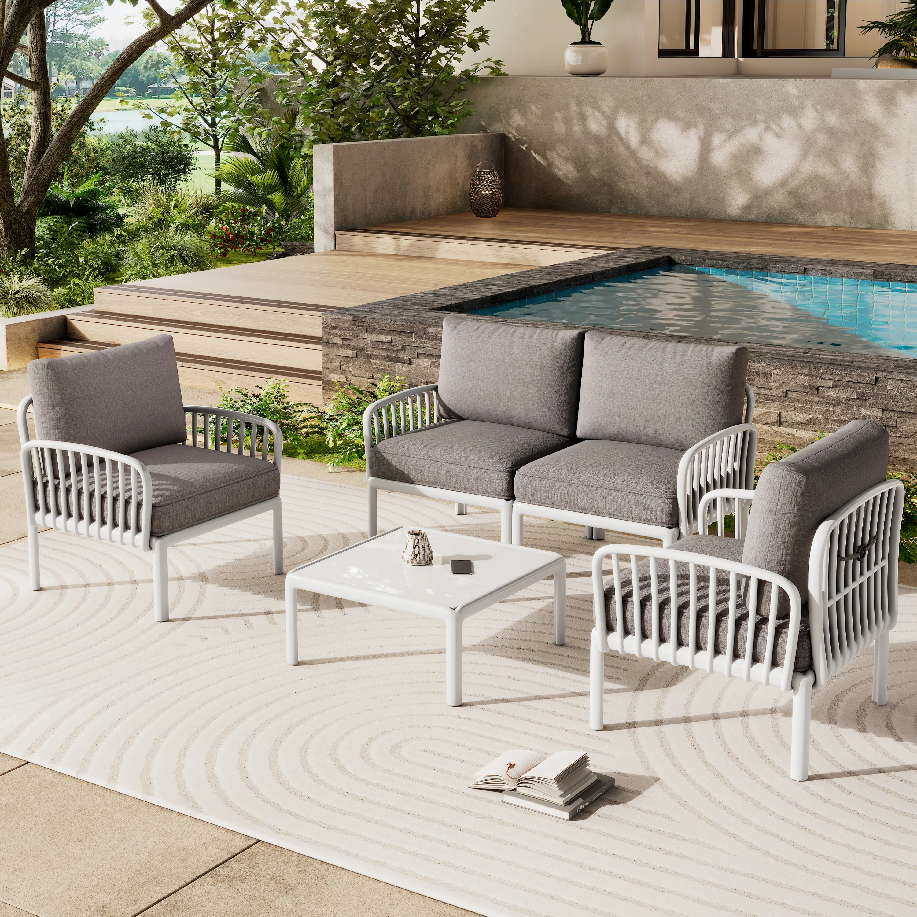 Modern Outdoor 5 Piece Patio Conversation Set with Coffee Table & Waterproof Cushions
