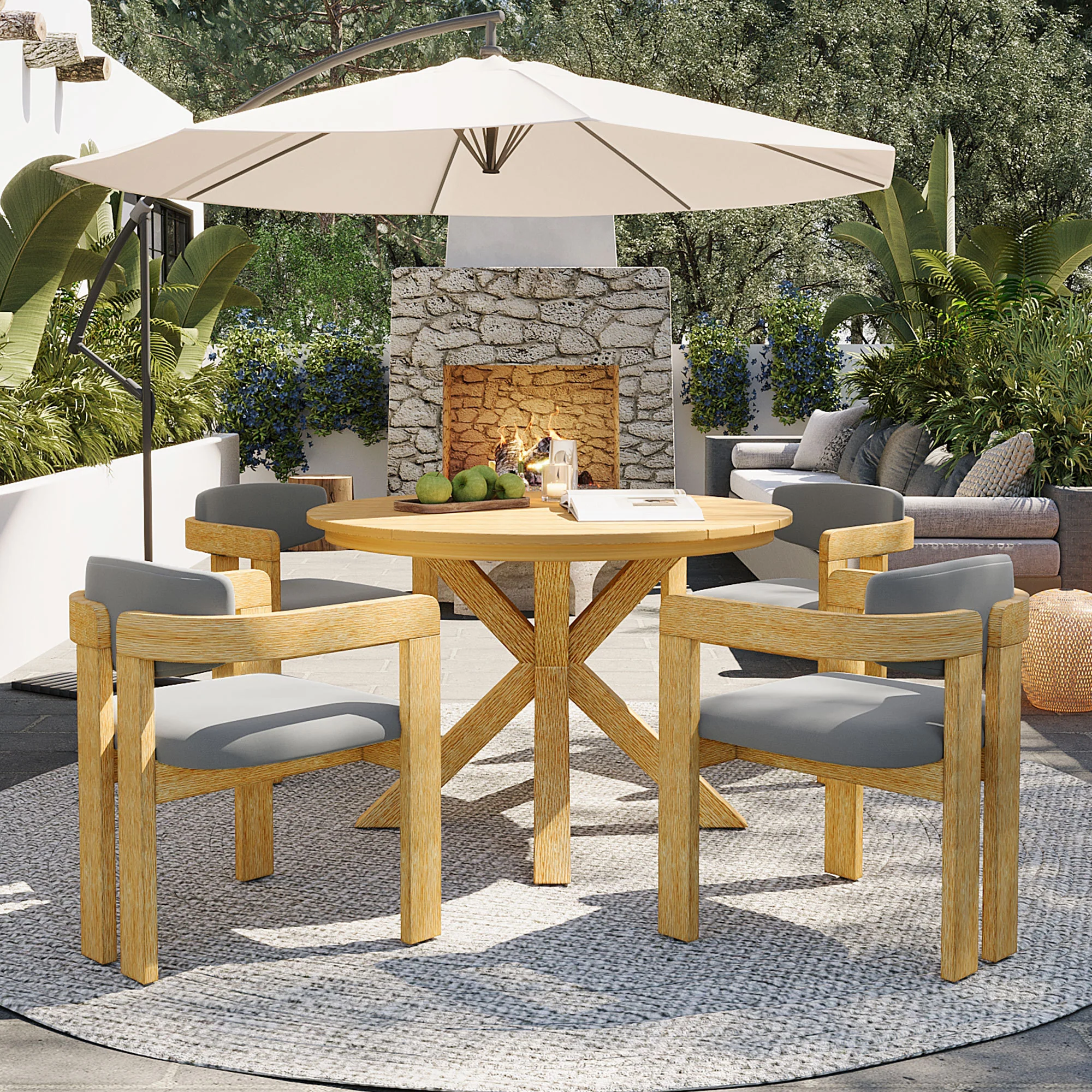 Modern Outdoor 5-Piece Teak Wood Round Dining Table & Chair Set with Gray Cushions