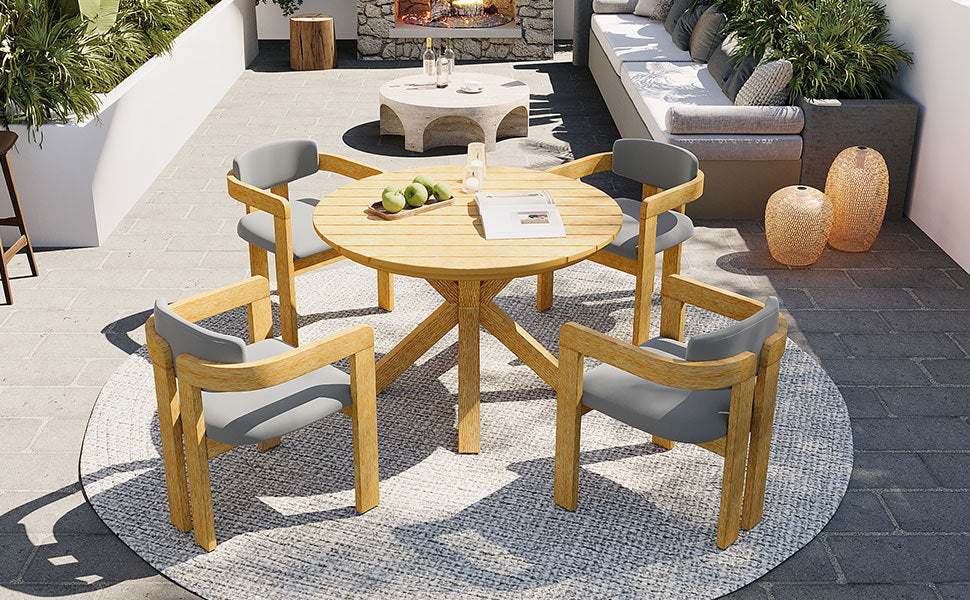 Modern Outdoor 5-Piece Teak Wood Round Dining Table & Chair Set with Gray Cushions - Image 10