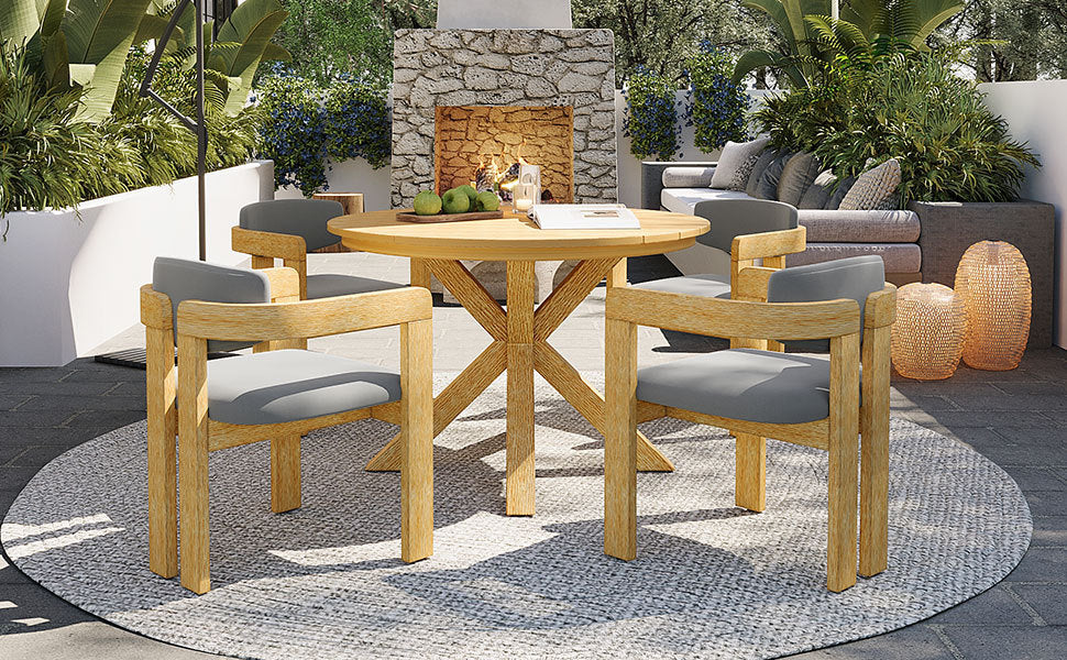 Modern Outdoor 5-Piece Teak Wood Round Dining Table & Chair Set with Gray Cushions - Image 11