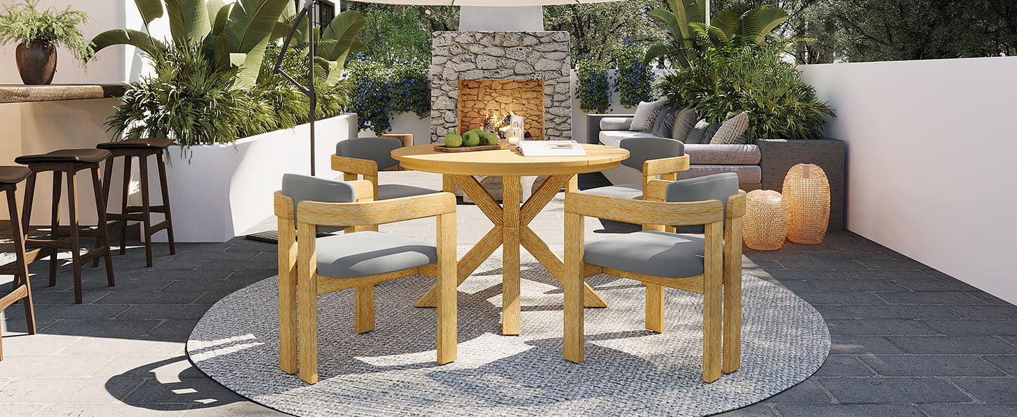 Modern Outdoor 5-Piece Teak Wood Round Dining Table & Chair Set with Gray Cushions - Image 12