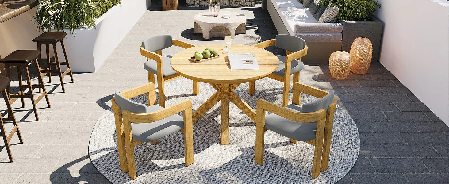 Modern Outdoor 5-Piece Teak Wood Round Dining Table & Chair Set with Gray Cushions - Image 13