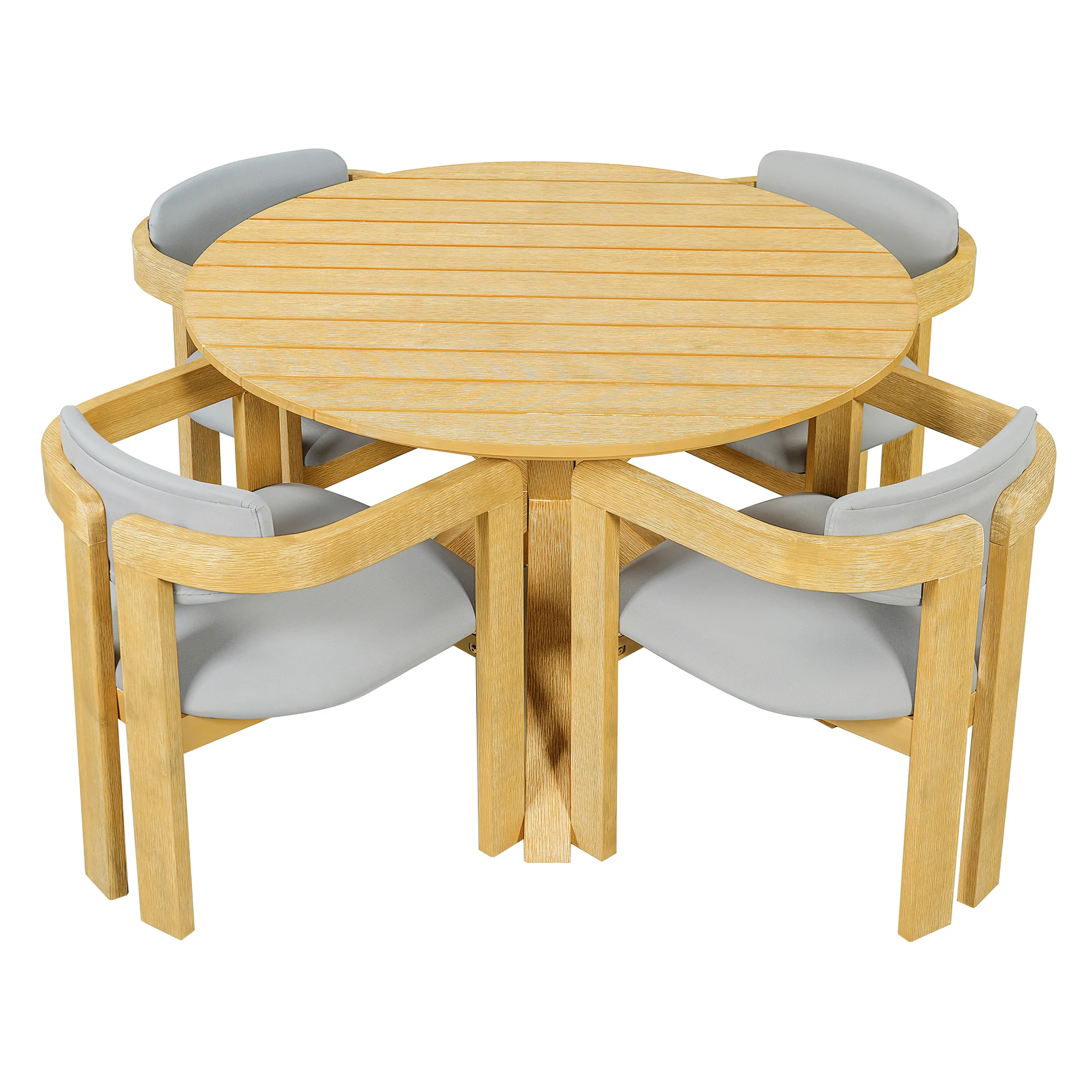 Modern Outdoor 5-Piece Teak Wood Round Dining Table & Chair Set with Gray Cushions - Image 14