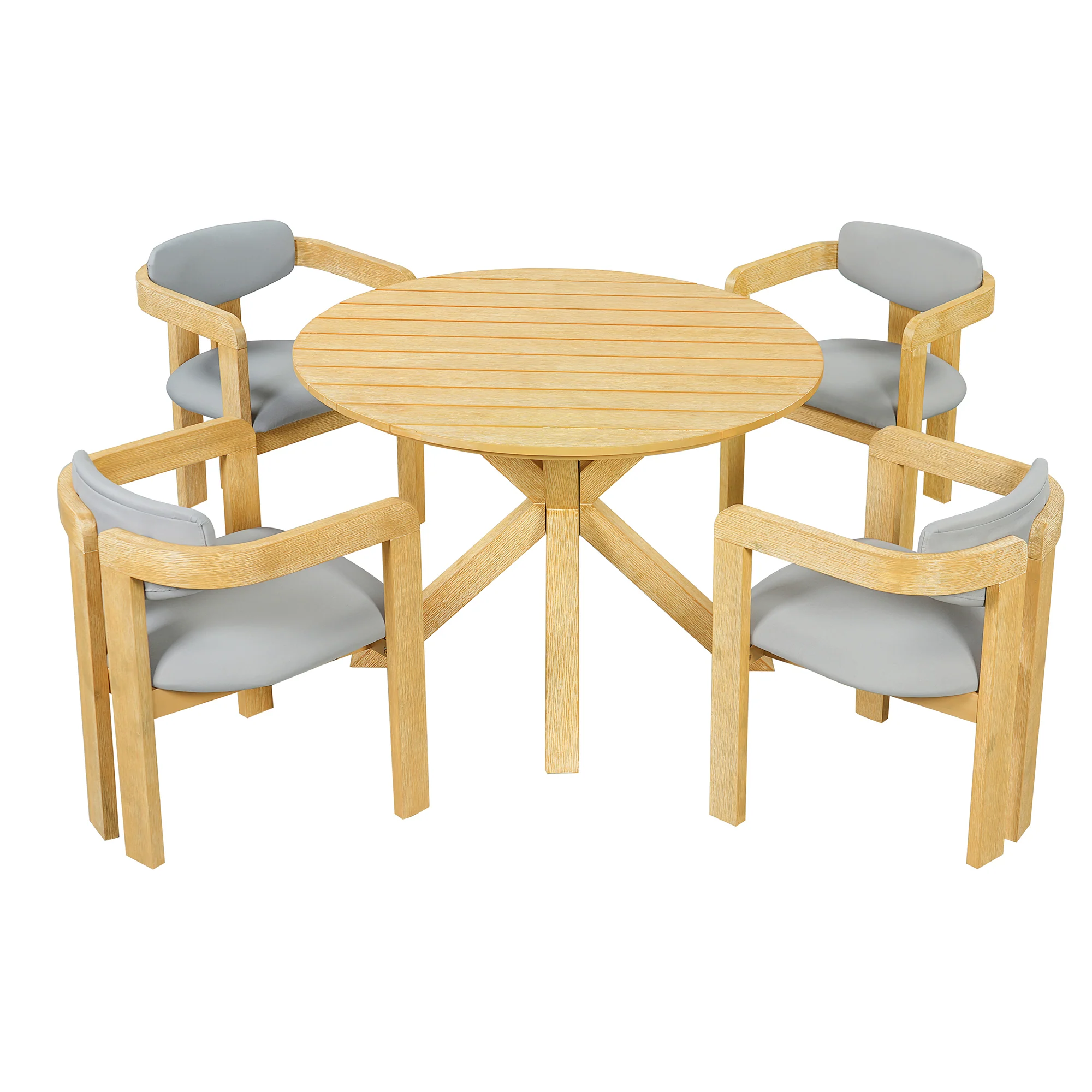Modern Outdoor 5-Piece Teak Wood Round Dining Table & Chair Set with Gray Cushions - Image 15