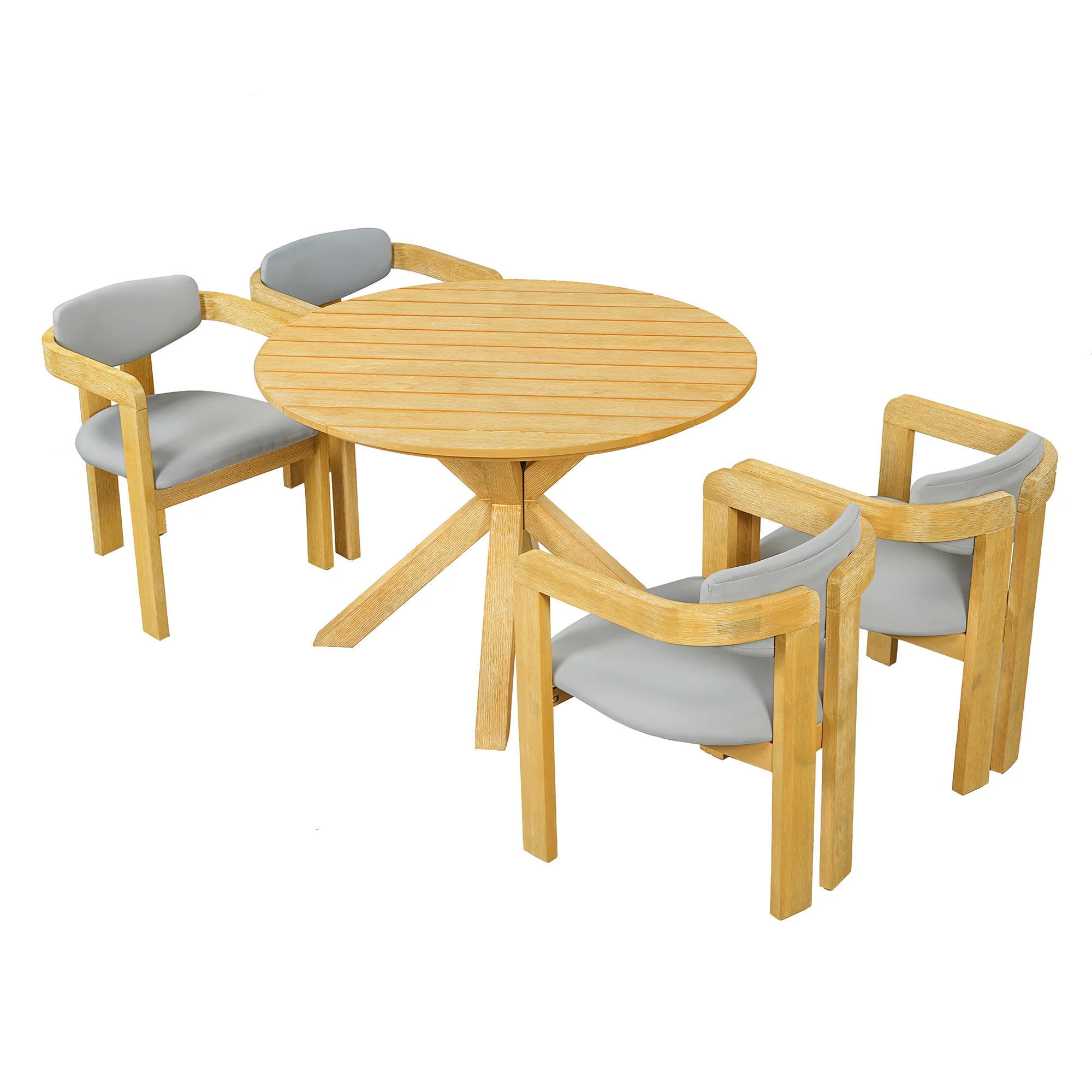 Modern Outdoor 5-Piece Teak Wood Round Dining Table & Chair Set with Gray Cushions - Image 16