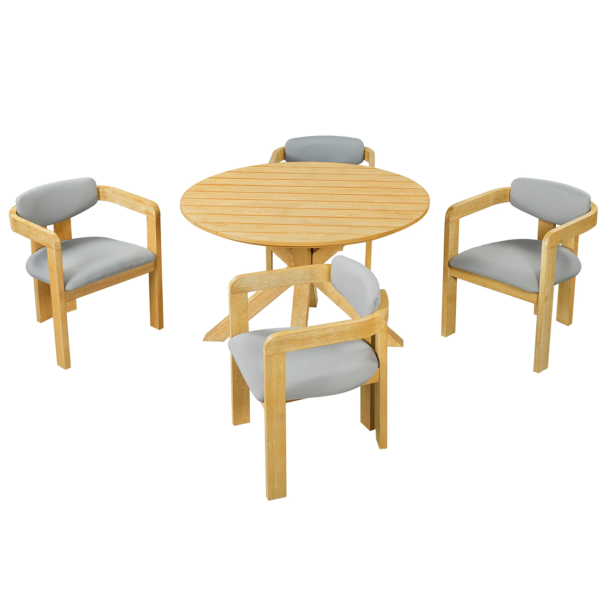 Modern Outdoor 5-Piece Teak Wood Round Dining Table & Chair Set with Gray Cushions - Image 17
