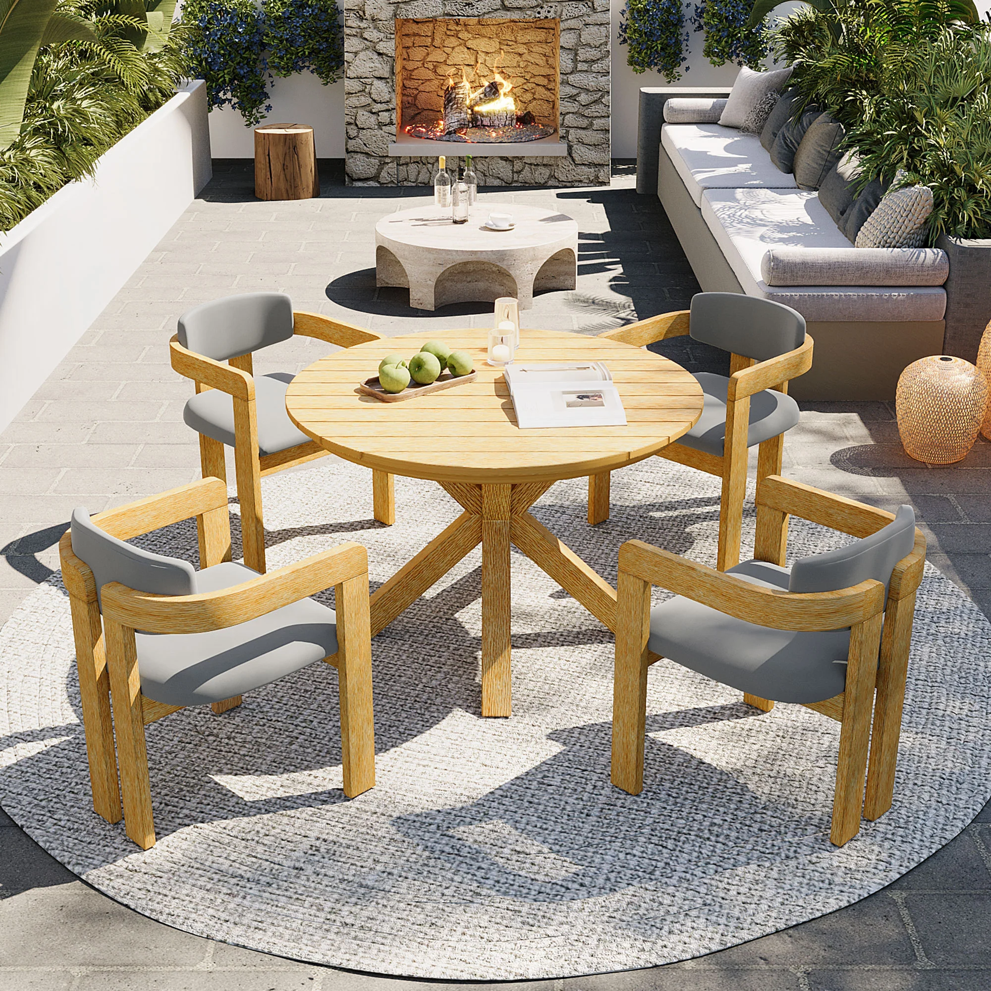 Modern Outdoor 5-Piece Teak Wood Round Dining Table & Chair Set with Gray Cushions - Image 2