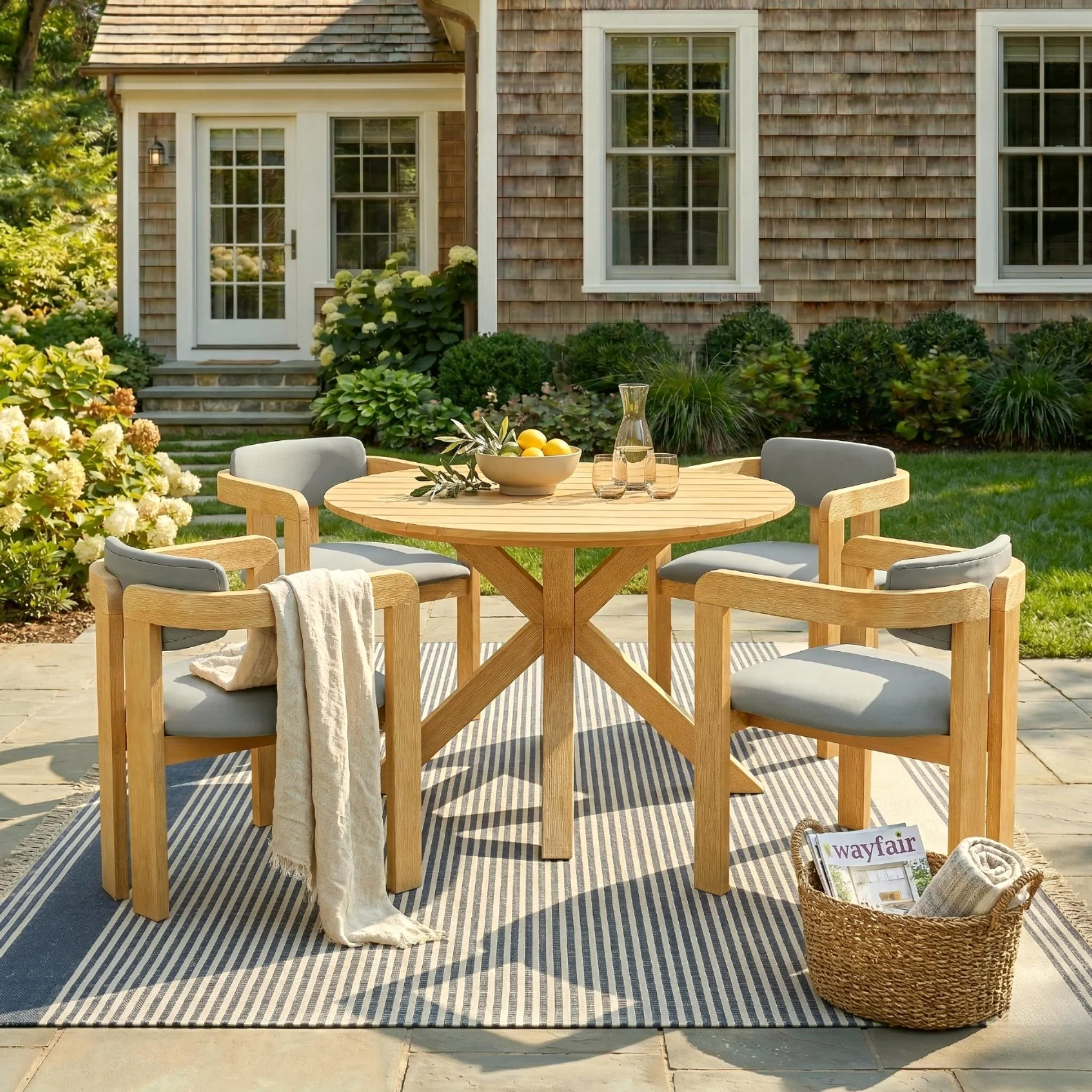 Modern Outdoor 5-Piece Teak Wood Round Dining Table & Chair Set with Gray Cushions - Image 3