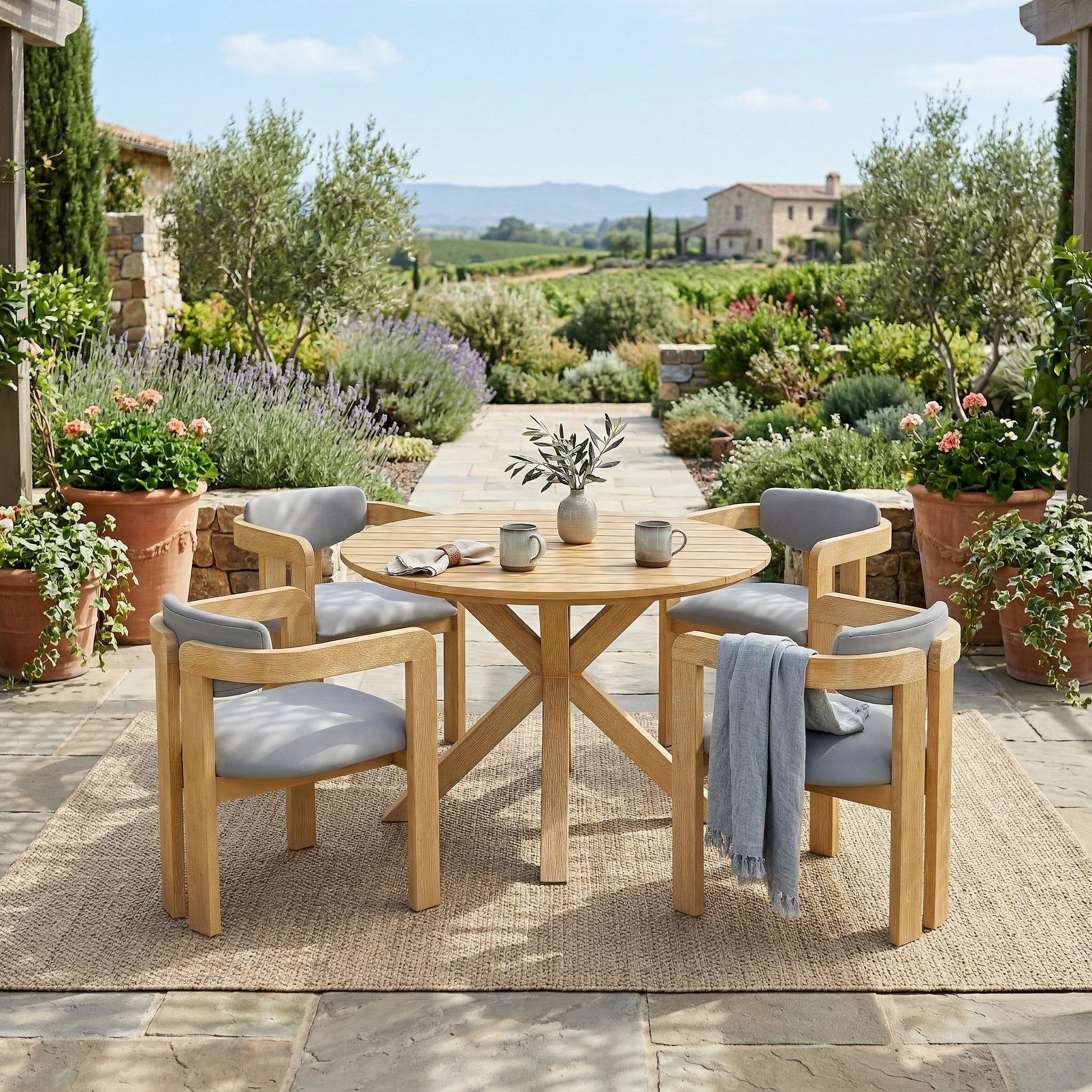 Modern Outdoor 5-Piece Teak Wood Round Dining Table & Chair Set with Gray Cushions - Image 4