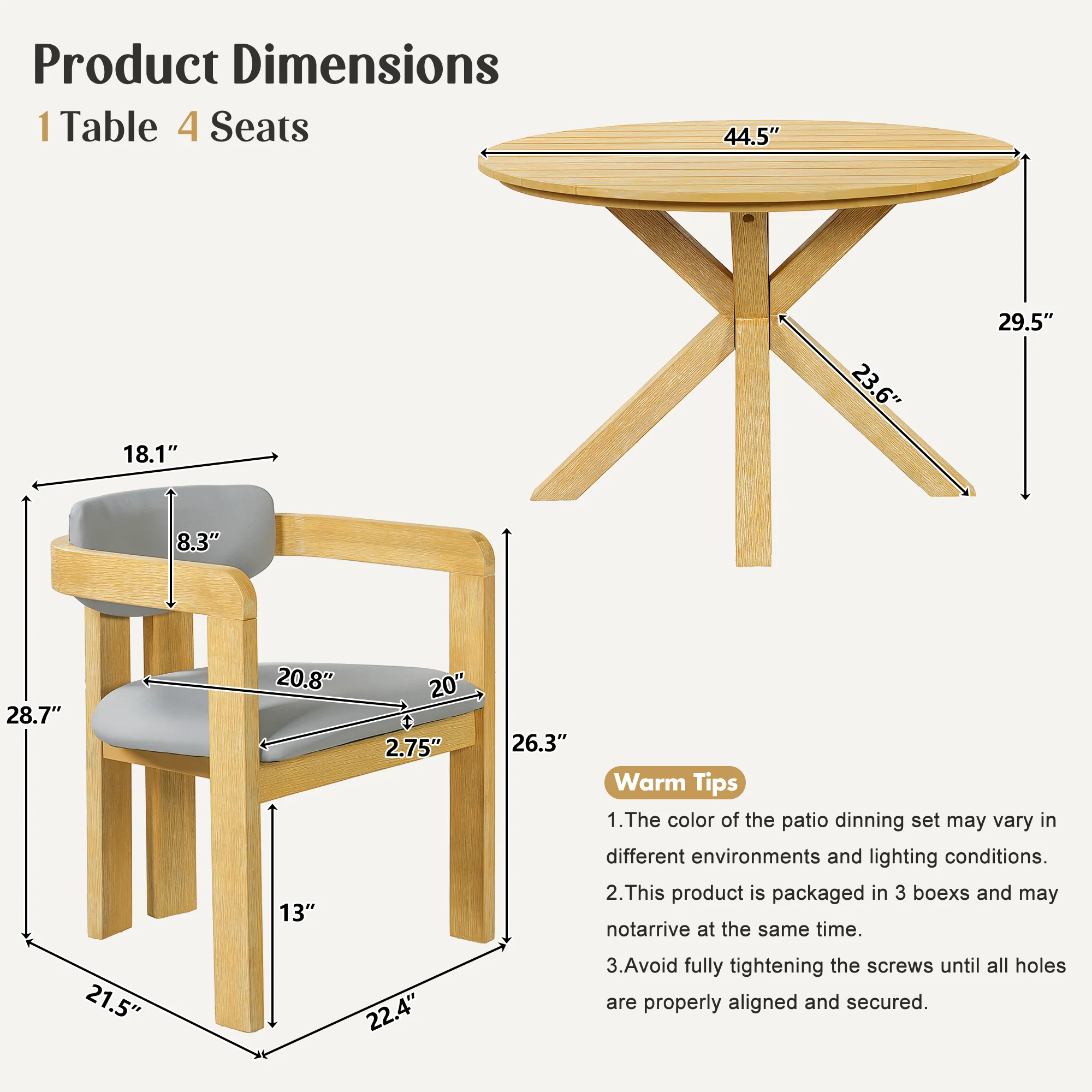 Modern Outdoor 5-Piece Teak Wood Round Dining Table & Chair Set with Gray Cushions - Image 5