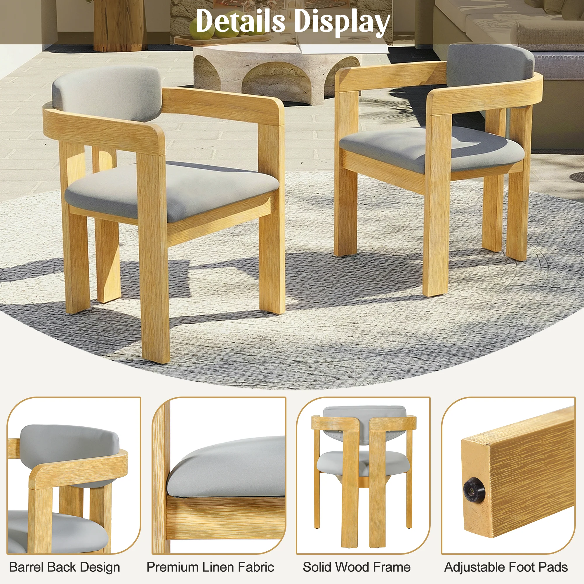 Modern Outdoor 5-Piece Teak Wood Round Dining Table & Chair Set with Gray Cushions - Image 6