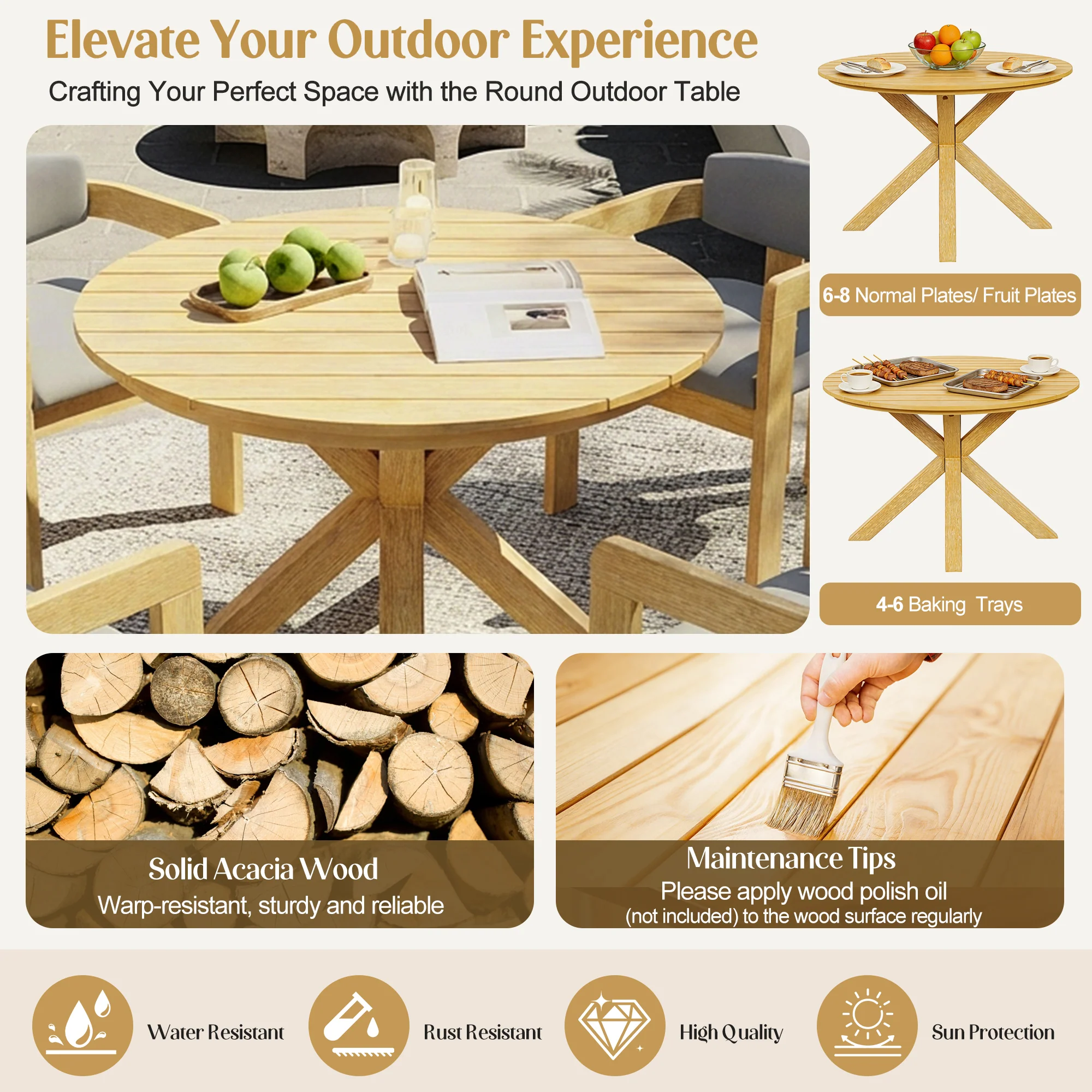 Modern Outdoor 5-Piece Teak Wood Round Dining Table & Chair Set with Gray Cushions - Image 7