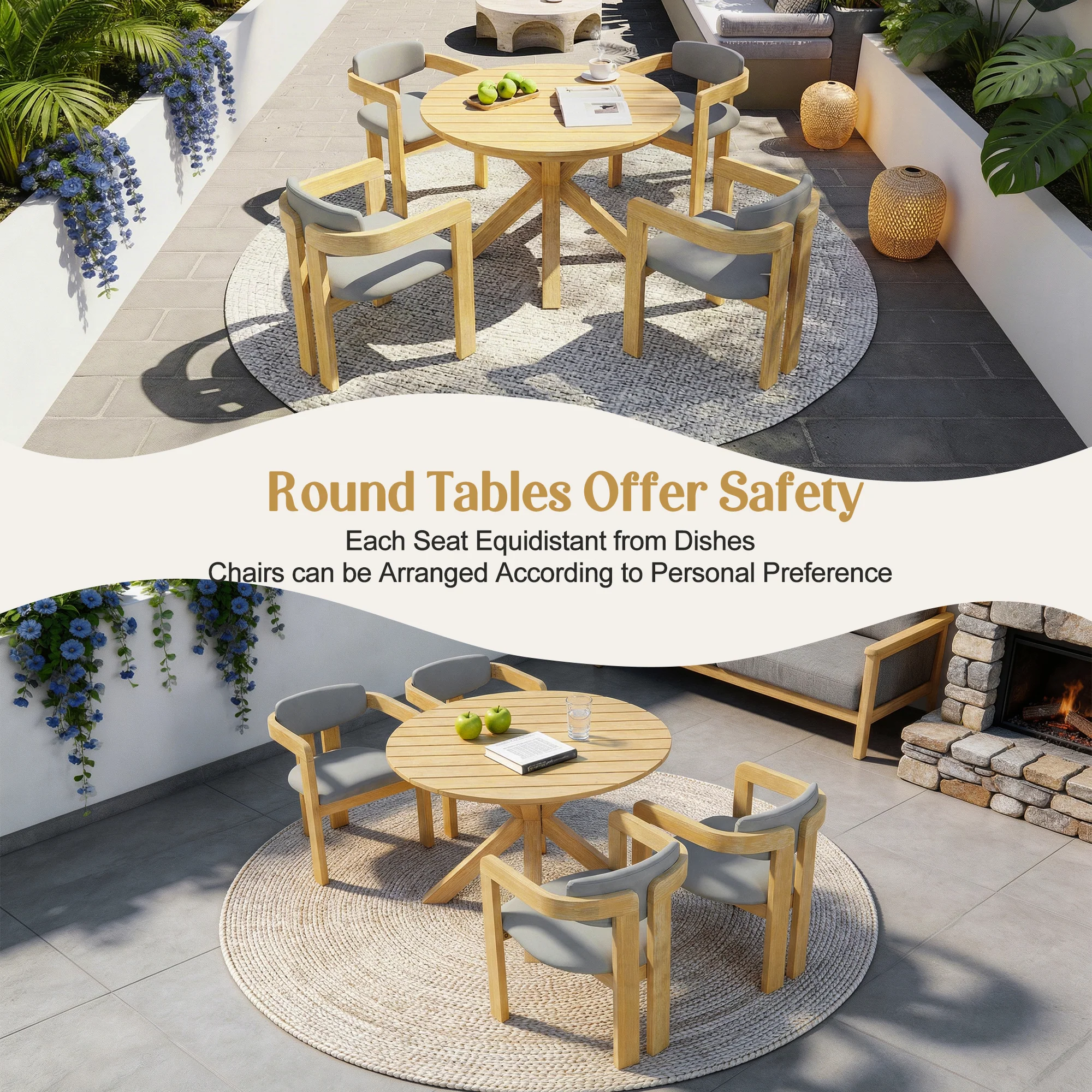 Modern Outdoor 5-Piece Teak Wood Round Dining Table & Chair Set with Gray Cushions - Image 9