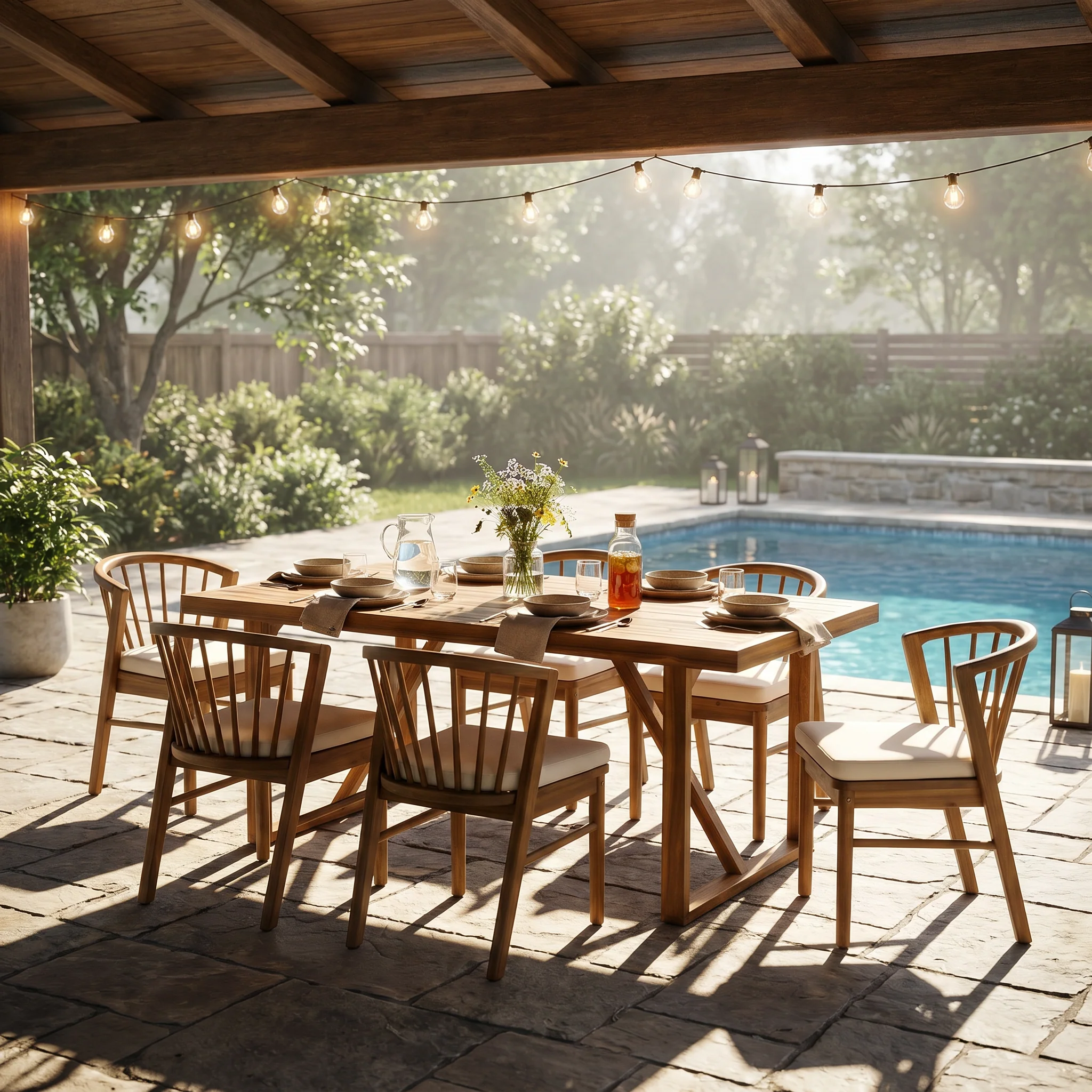 Modern Outdoor 7 Piece Acacia Wood Teak Dining Set with Cushions - Image 2