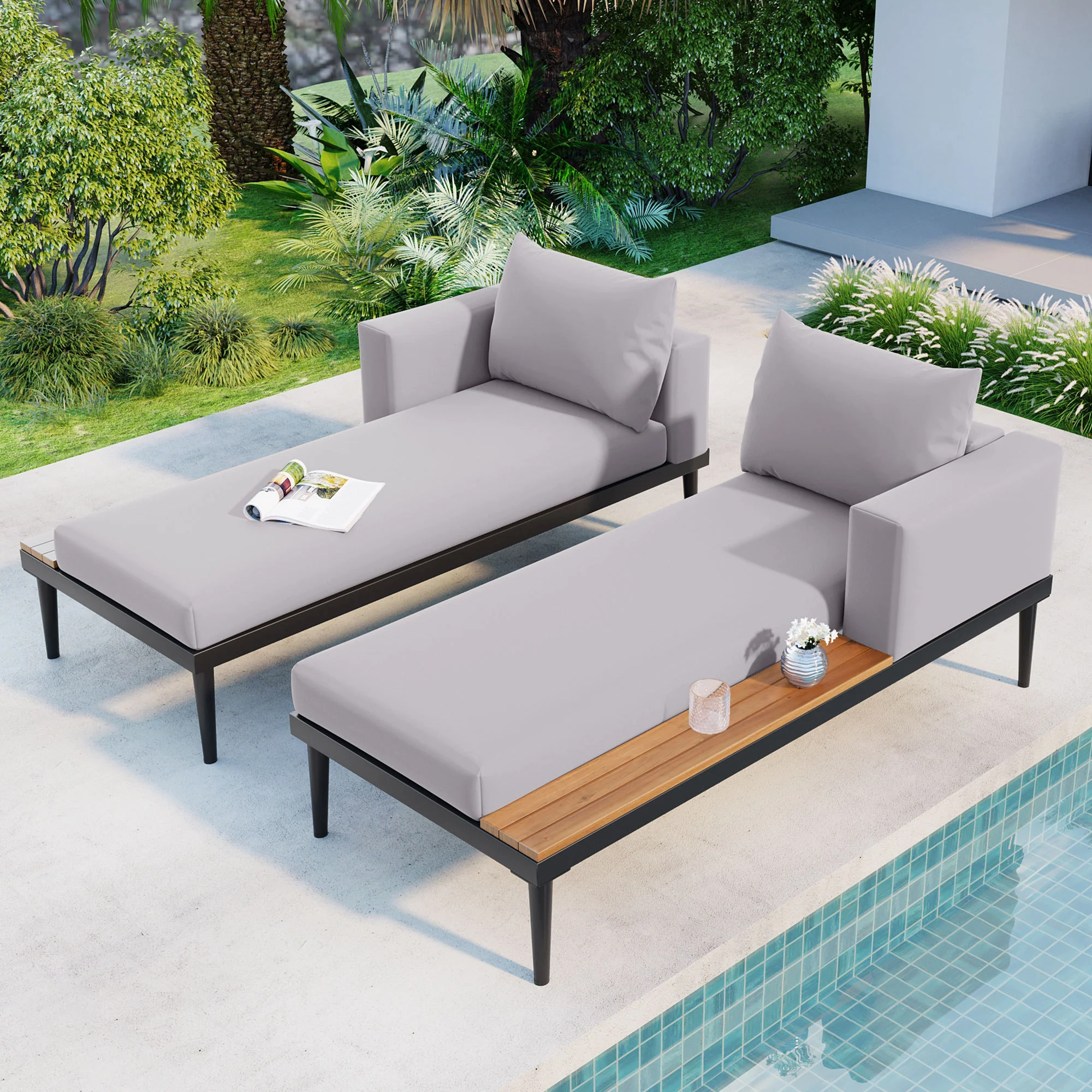 Walker Edison | Modern Outdoor Patio Daybed with Wood Topped Side Tables - Image 2