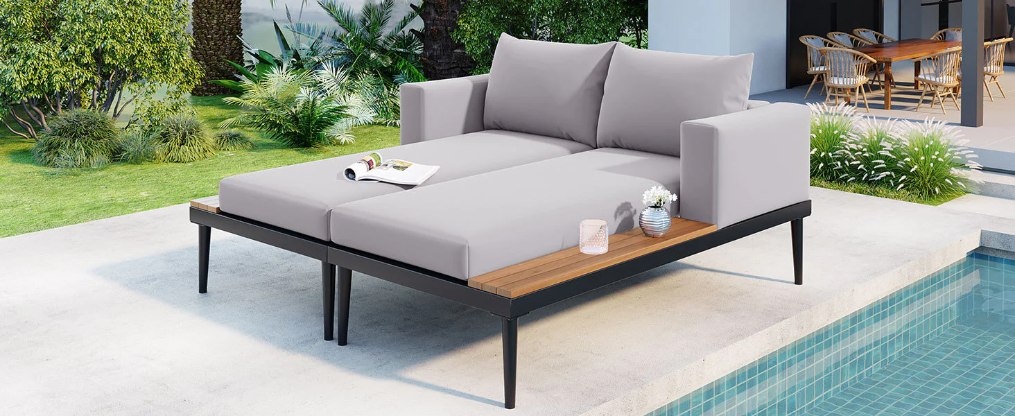 Walker Edison | Modern Outdoor Patio Daybed with Wood Topped Side Tables - Image 23