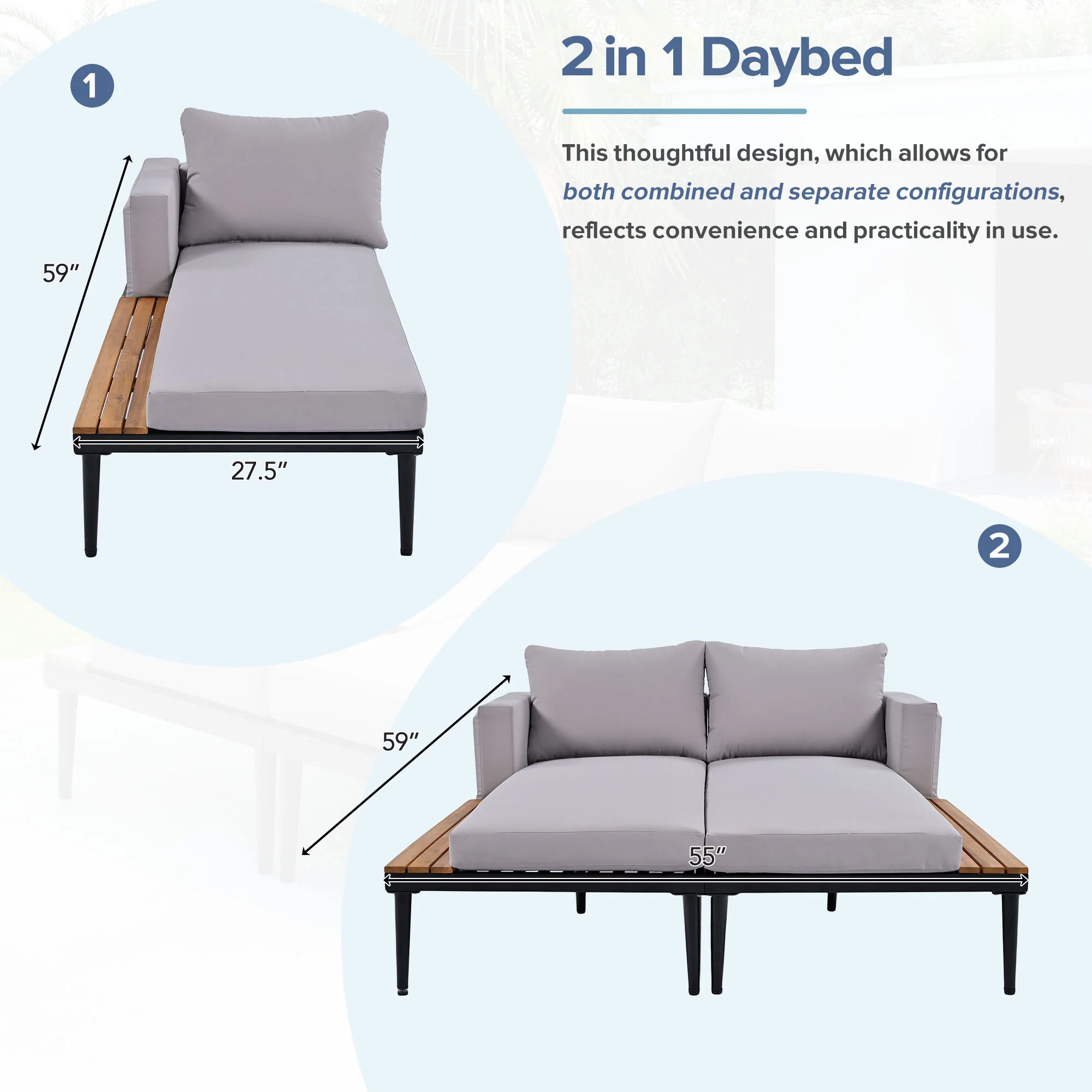 Walker Edison | Modern Outdoor Patio Daybed with Wood Topped Side Tables - Image 3