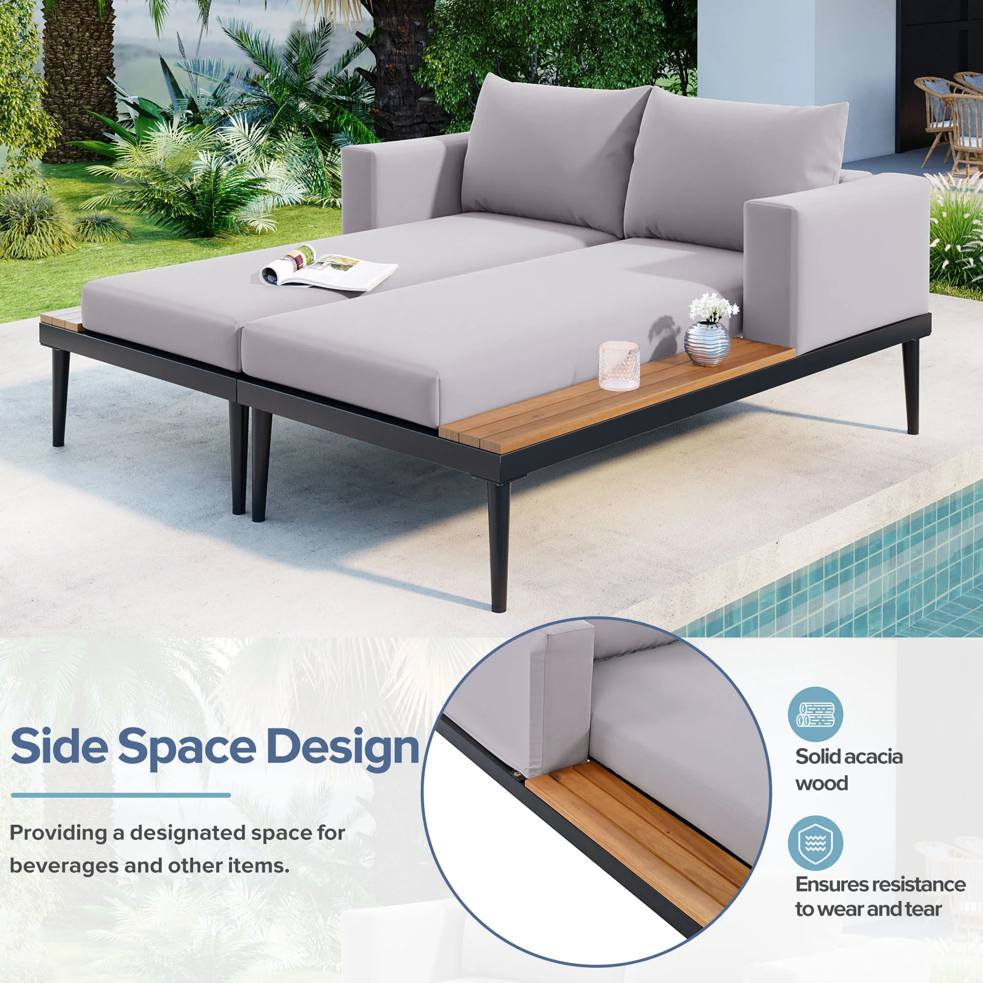 Walker Edison | Modern Outdoor Patio Daybed with Wood Topped Side Tables - Image 4