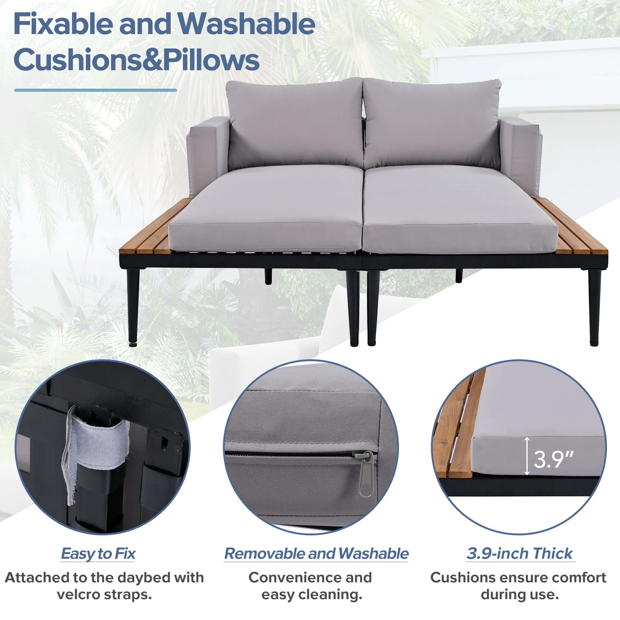 Walker Edison | Modern Outdoor Patio Daybed with Wood Topped Side Tables - Image 5