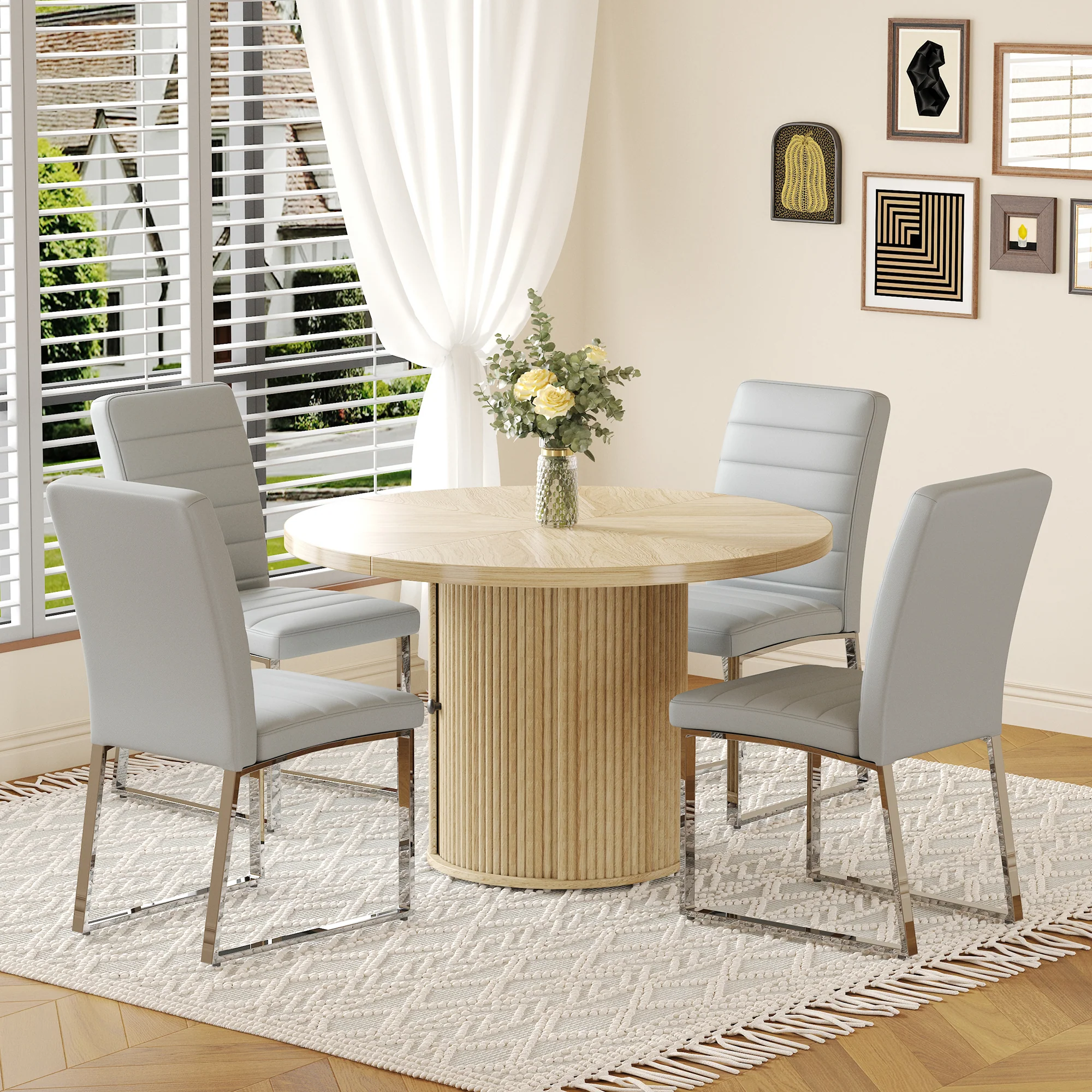 Modern Reeded 4 Piece Dining Set with Storage - Image 2