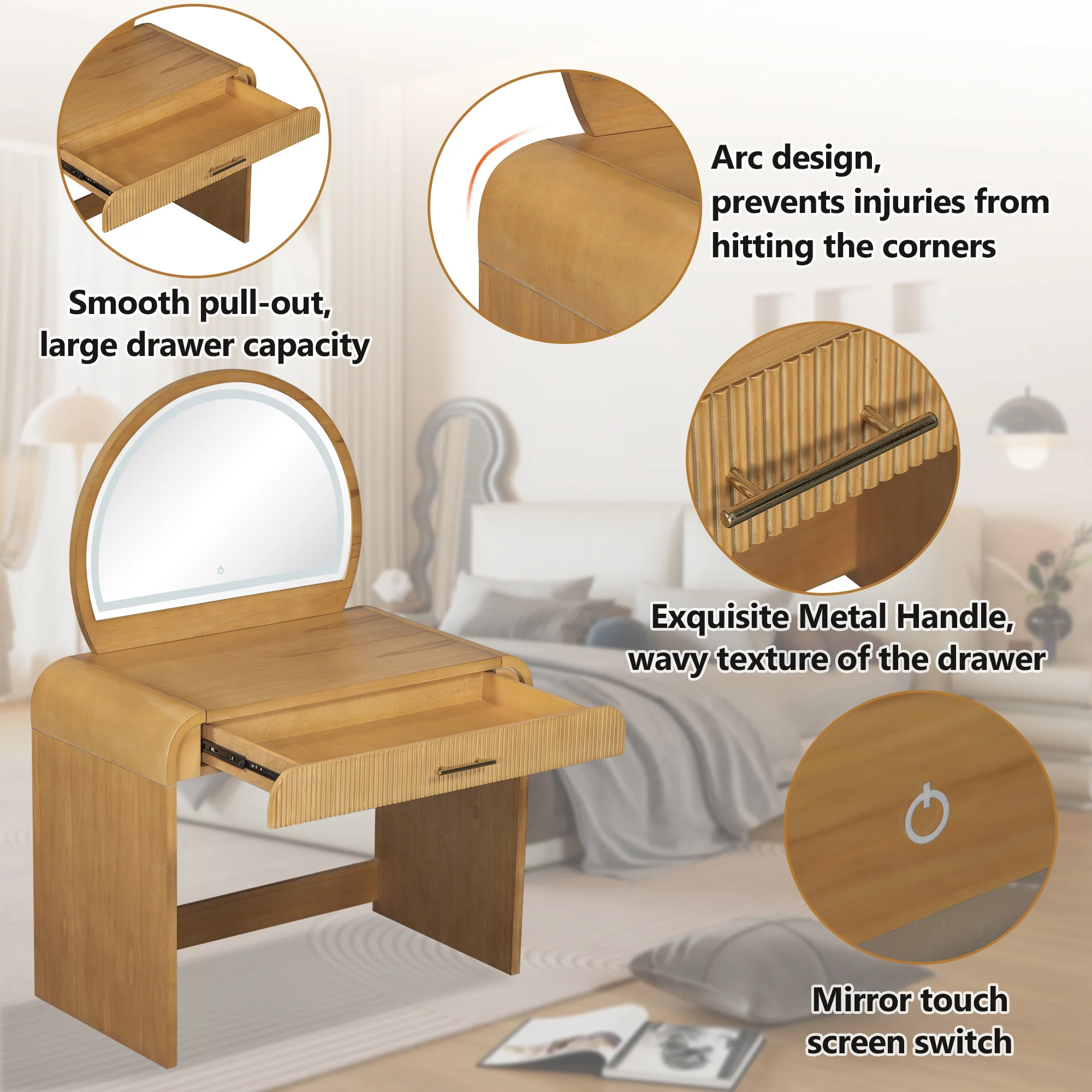 Walker Edison | Modern Reeded Curve Design Makeup Vanity Table - Image 13