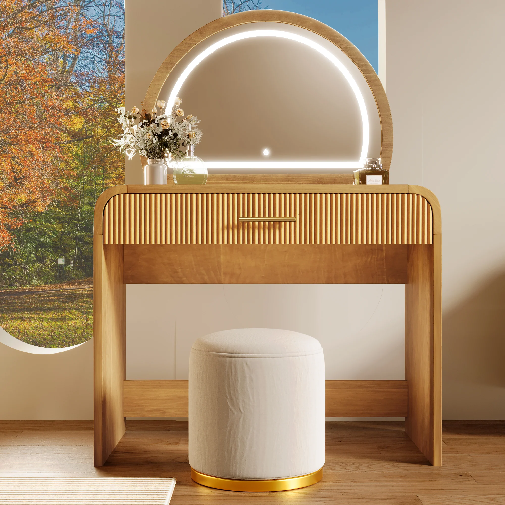 Walker Edison | Modern Reeded Curve Design Makeup Vanity Table - Image 3