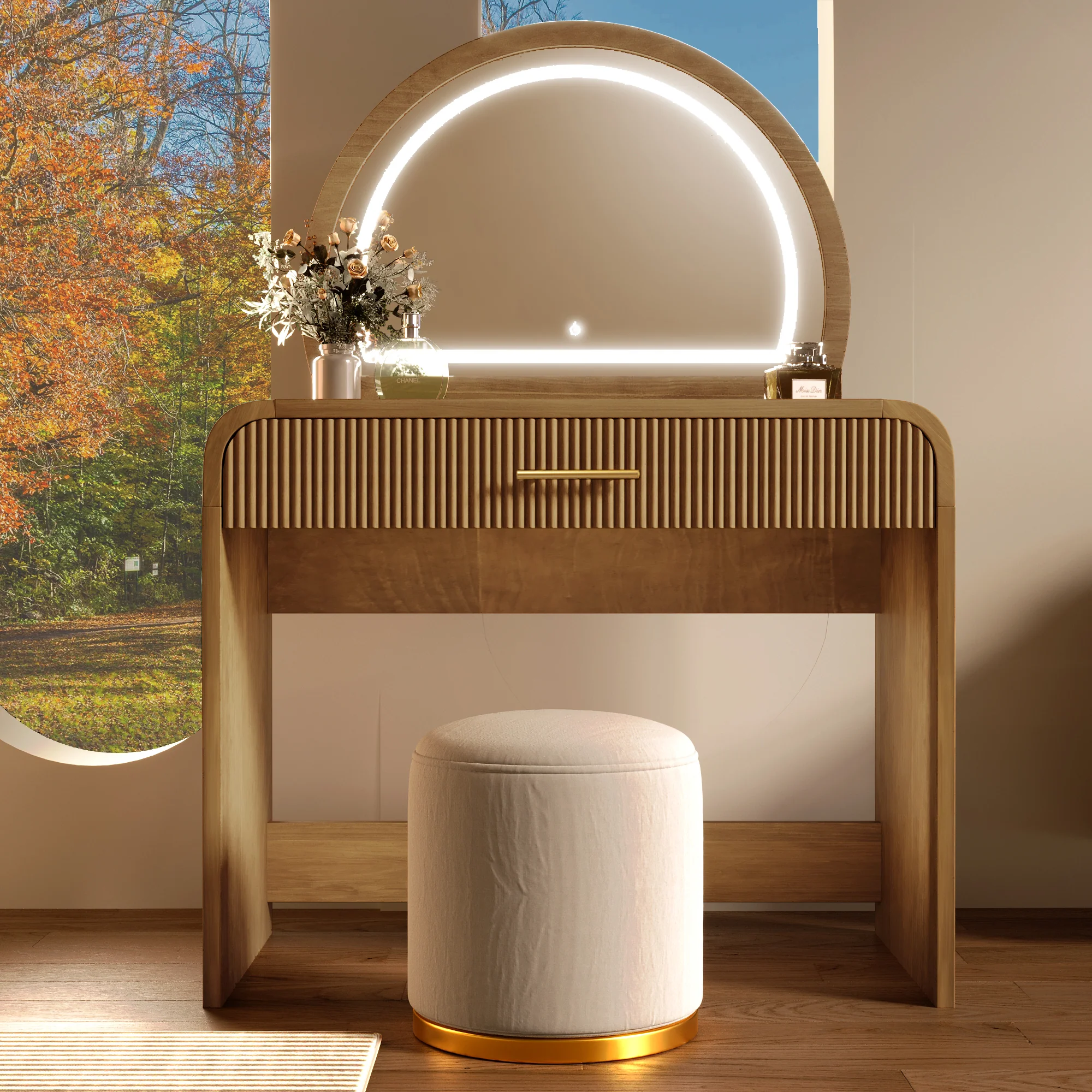 Walker Edison | Modern Reeded Curve Design Makeup Vanity Table - Image 7