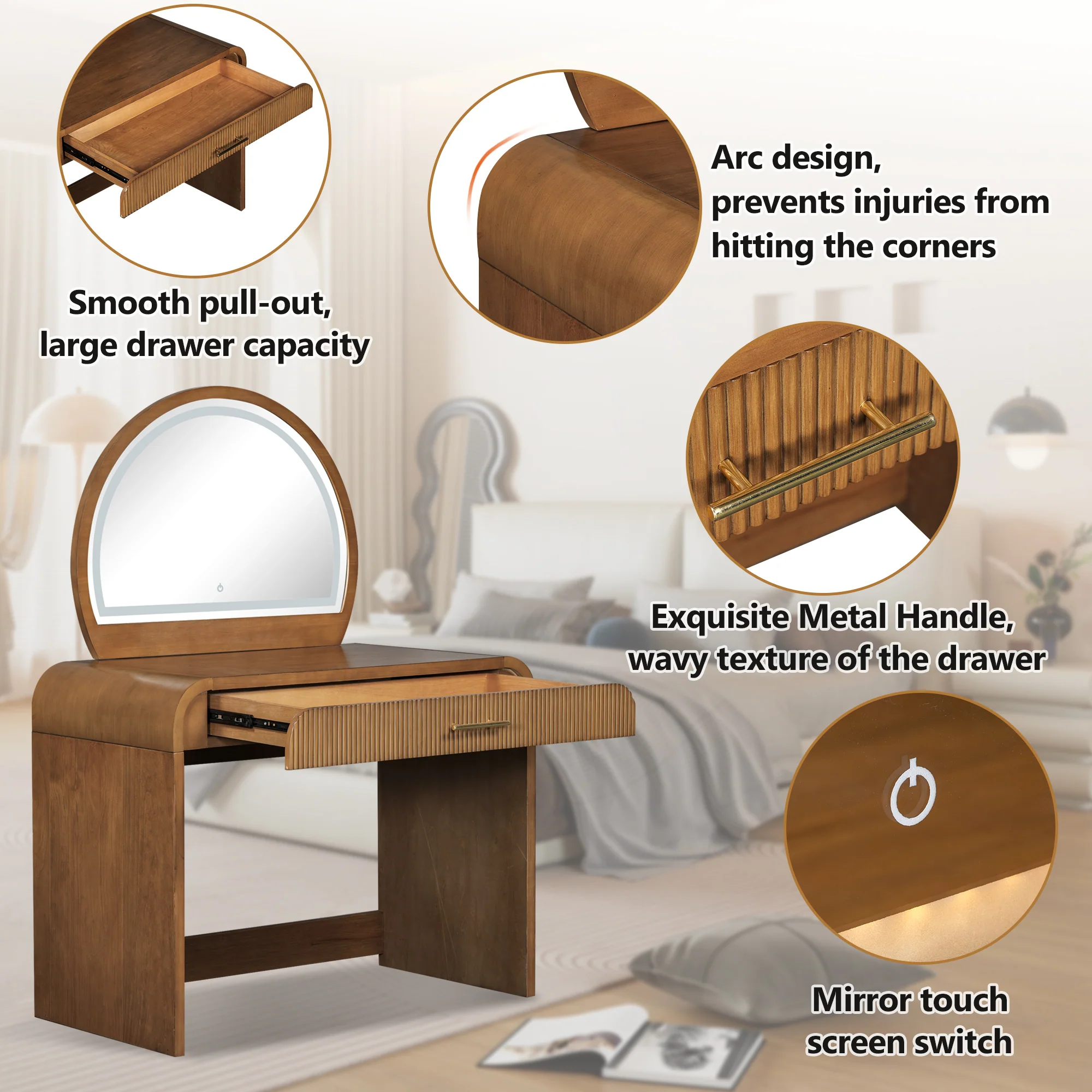 Walker Edison | Modern Reeded Curve Design Makeup Vanity Table - Image 9