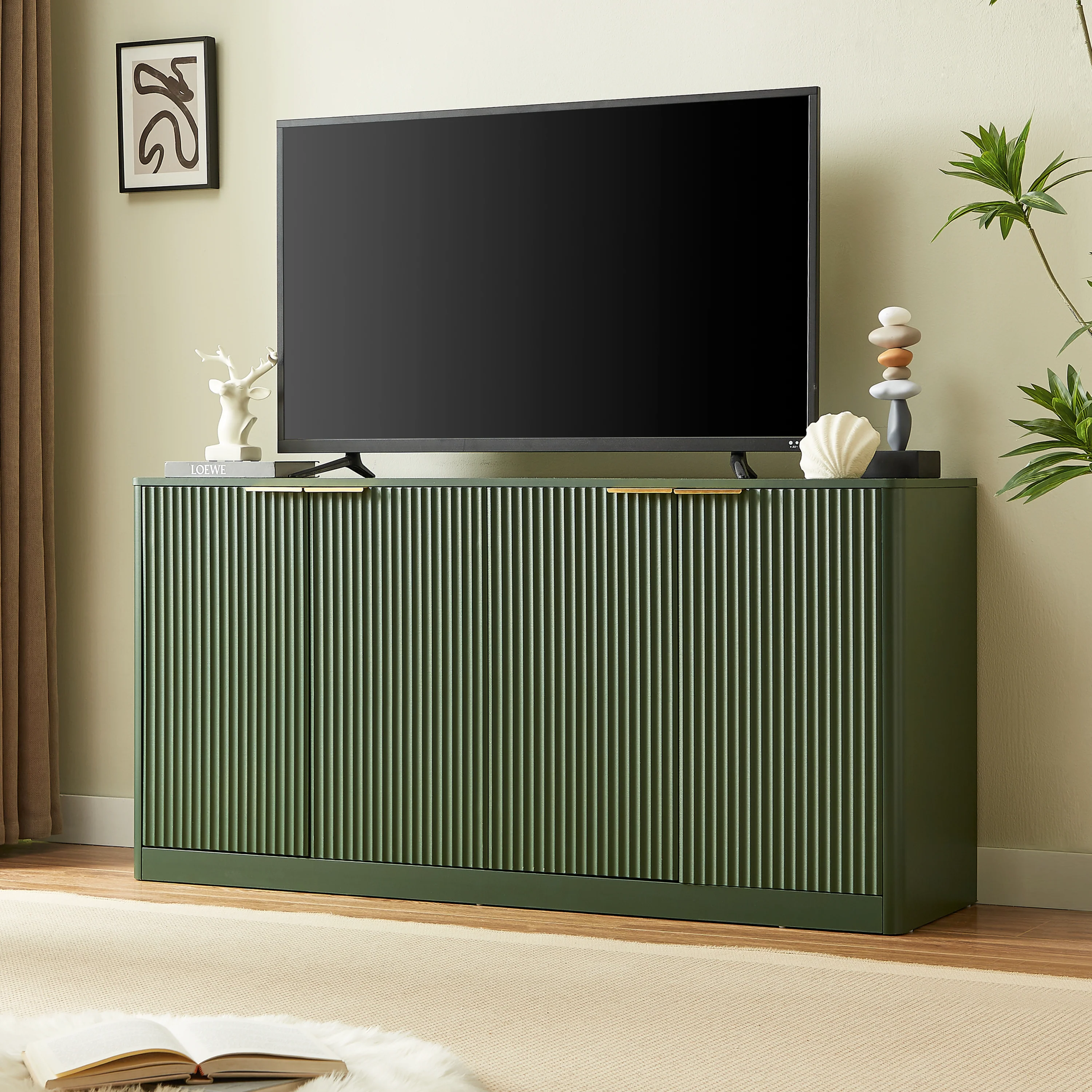 Modern Reeded Curved Design Storage 59" TV Stand Sideboard