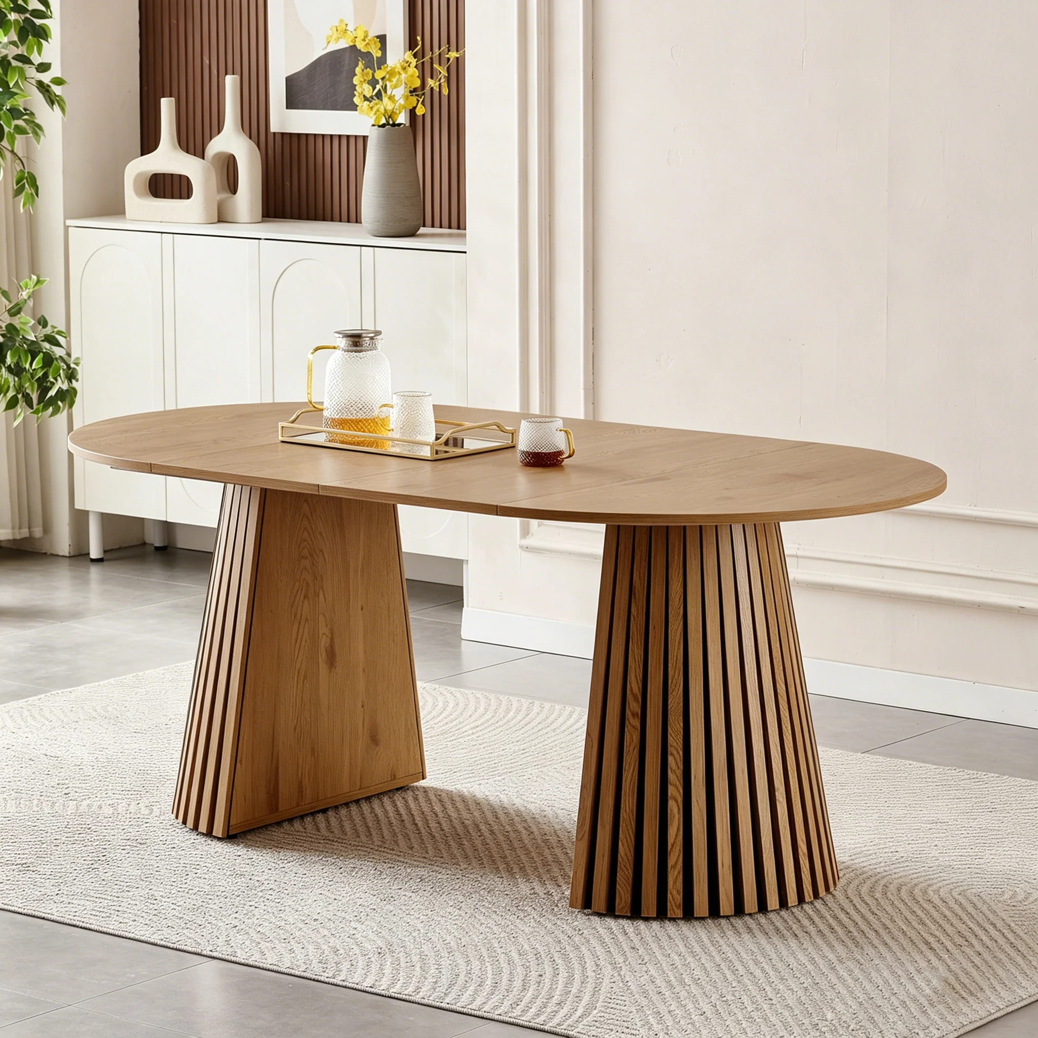 Walker Edison | Modern Reeded Oval Extendable Wooden Dining Table
