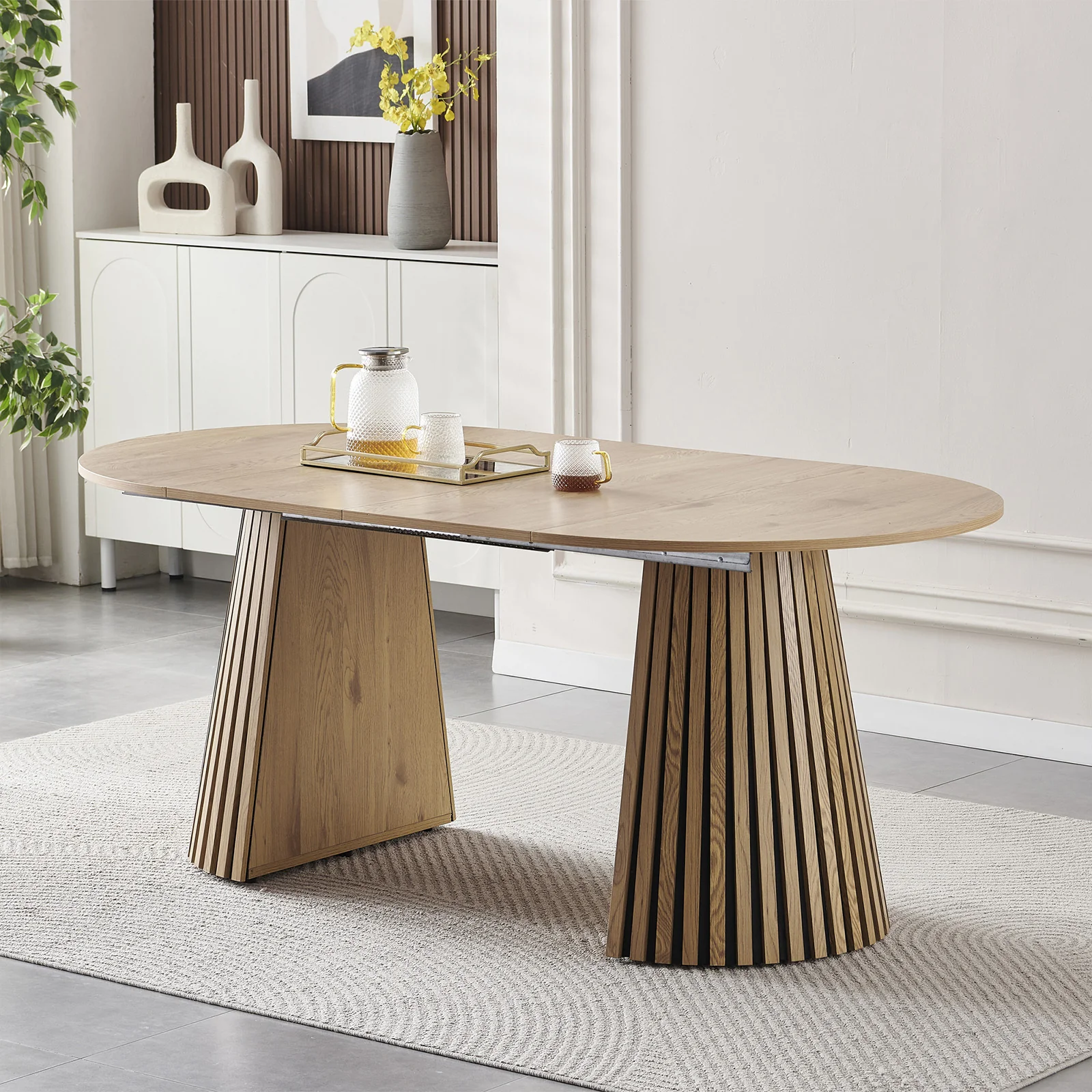 Walker Edison | Modern Reeded Oval Extendable Wooden Dining Table - Image 2