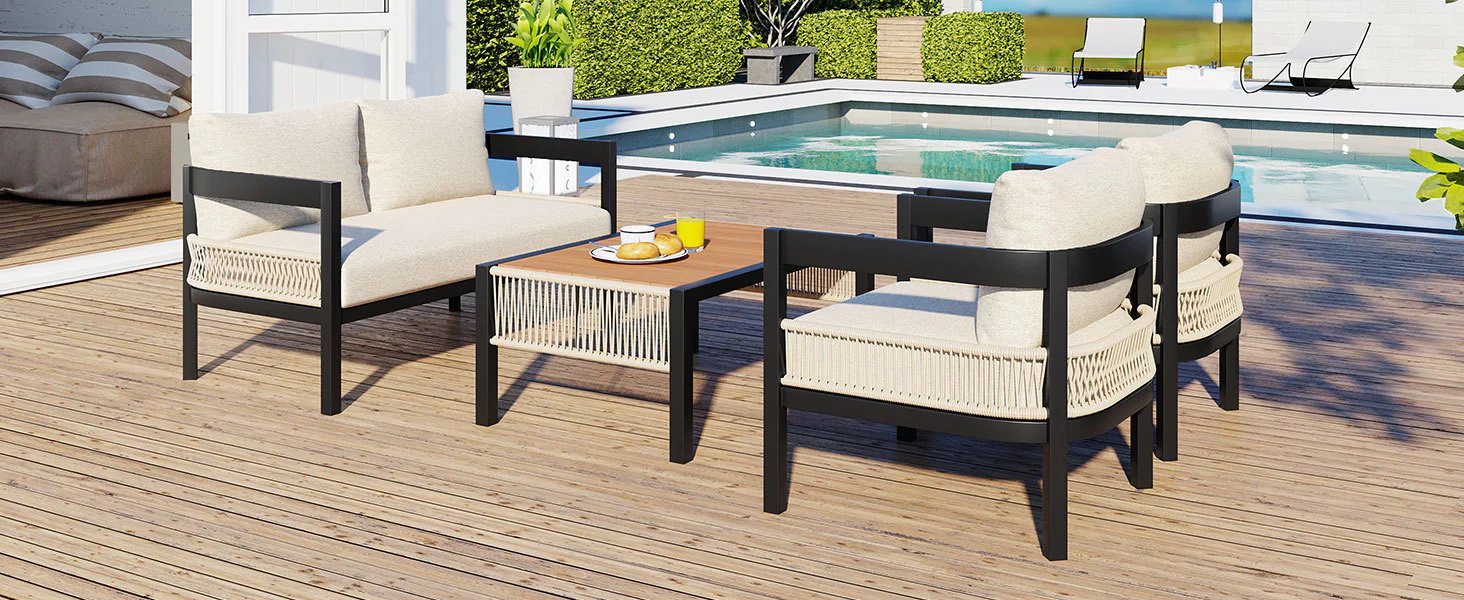 Walker Edison | Modern Rope Design Outdoor Iron Sofa Set with Coffee Table - Image 4