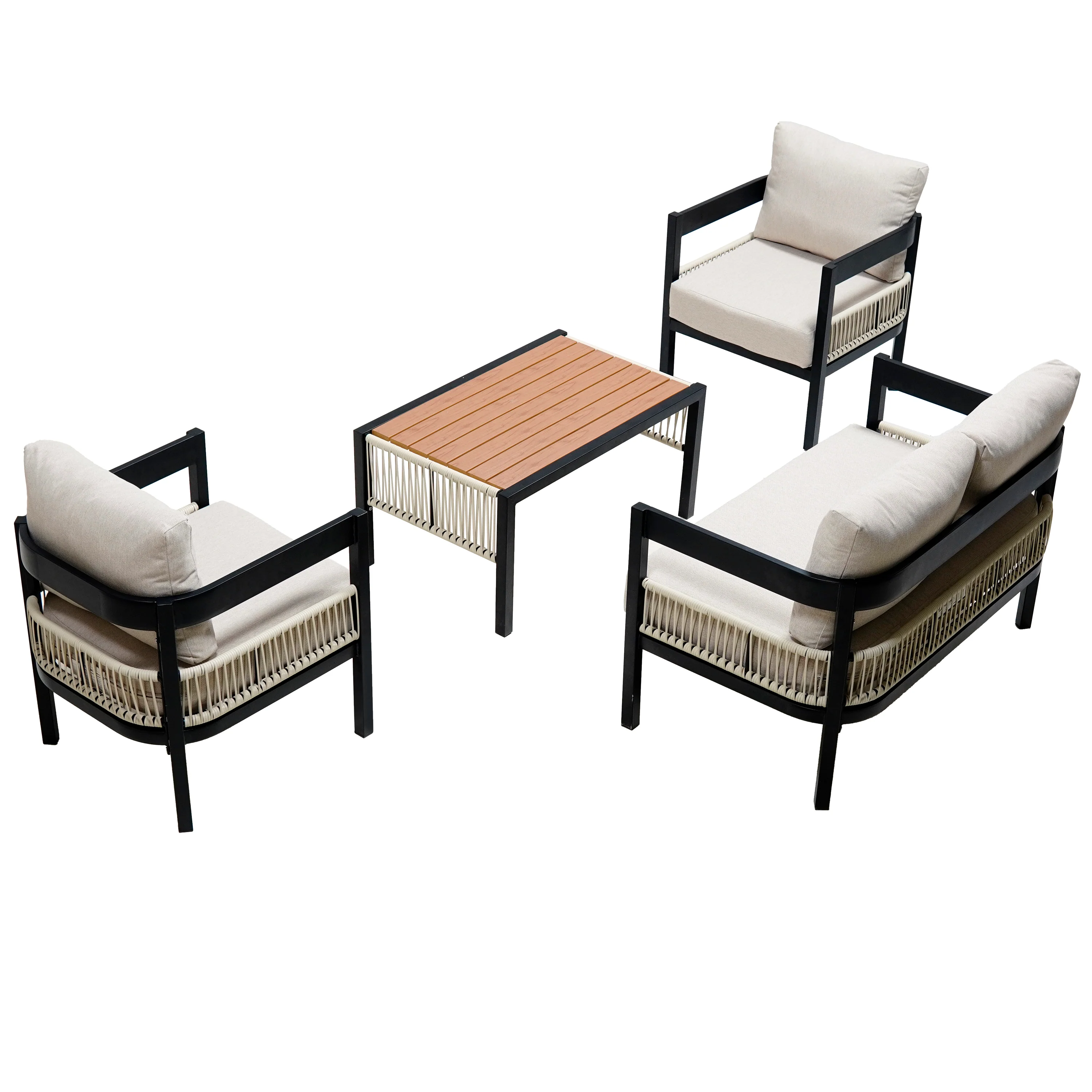 Walker Edison | Modern Rope Design Outdoor Iron Sofa Set with Coffee Table - Image 8