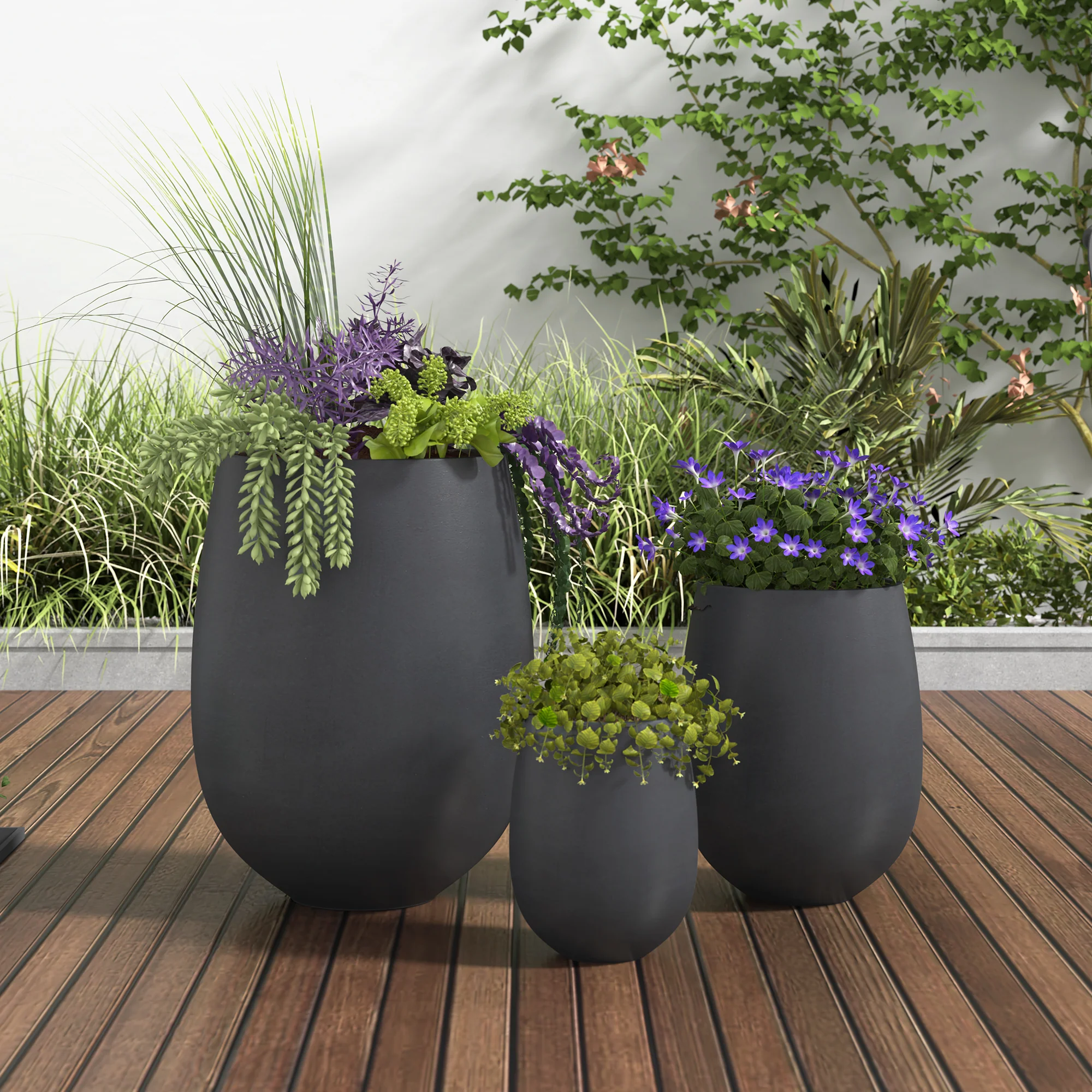 Modern Round Lightweight Outdoor Patio Planter Set of 3 Sizes