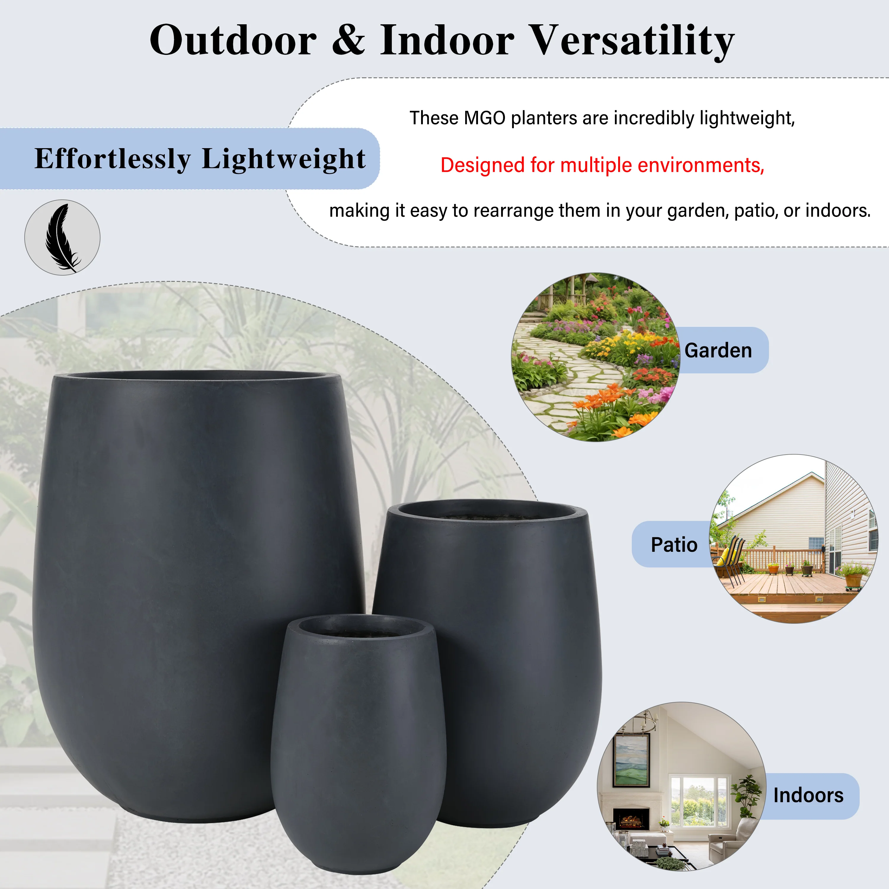 Modern Round Lightweight Outdoor Patio Planter Set of 3 Sizes - Image 4