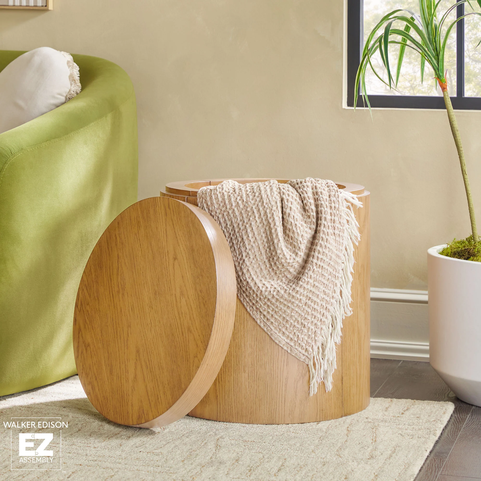 Maya 18" Modern Easy Assembly Round Oak Wood Veneer Side Table with Storage - Image 2