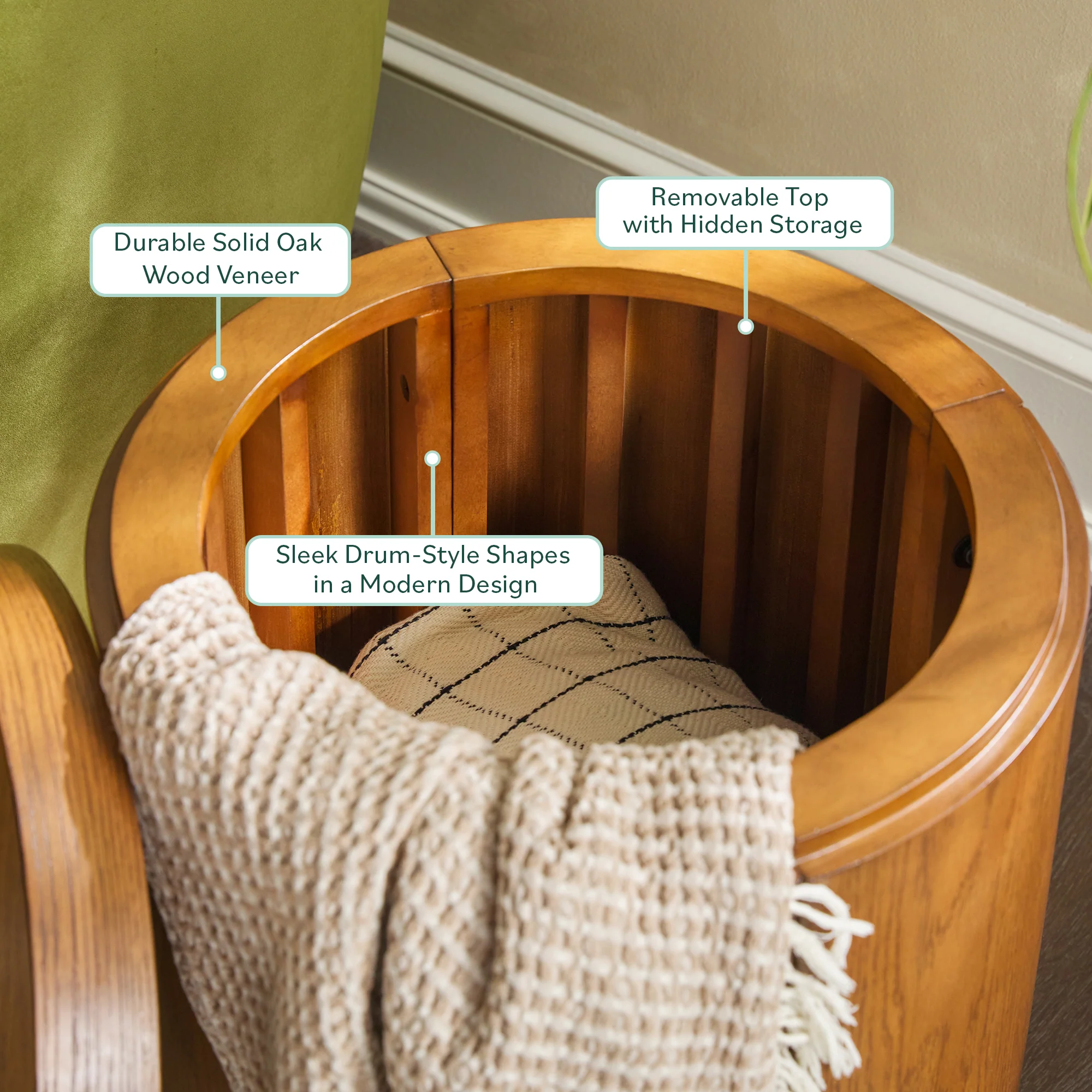Maya 18" Modern Easy Assembly Round Oak Wood Veneer Side Table with Storage - Image 5