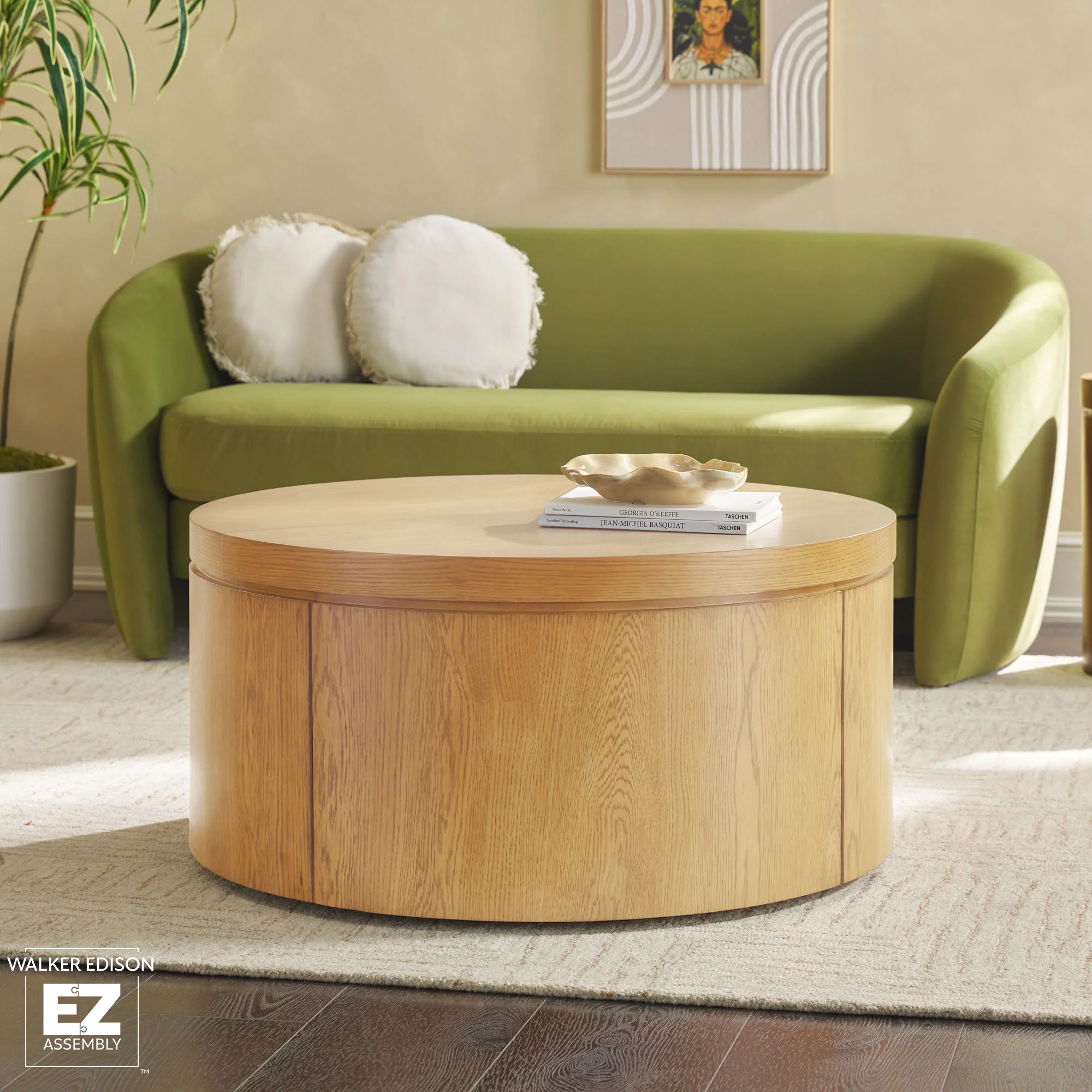 Maya 36" Modern Easy Assembly Round Oak Wood Veneer Coffee table with Storage - Image 12