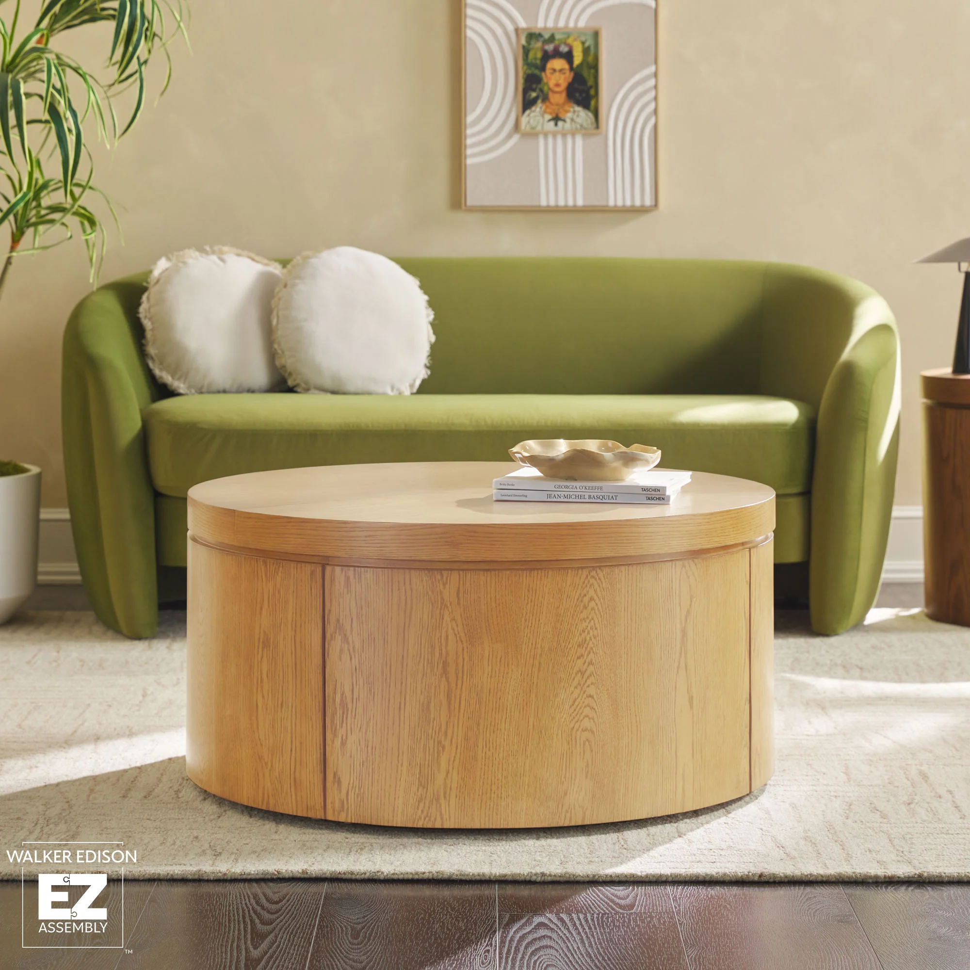 Maya 36" Modern Easy Assembly Round Oak Wood Veneer Coffee table with Storage - Image 13