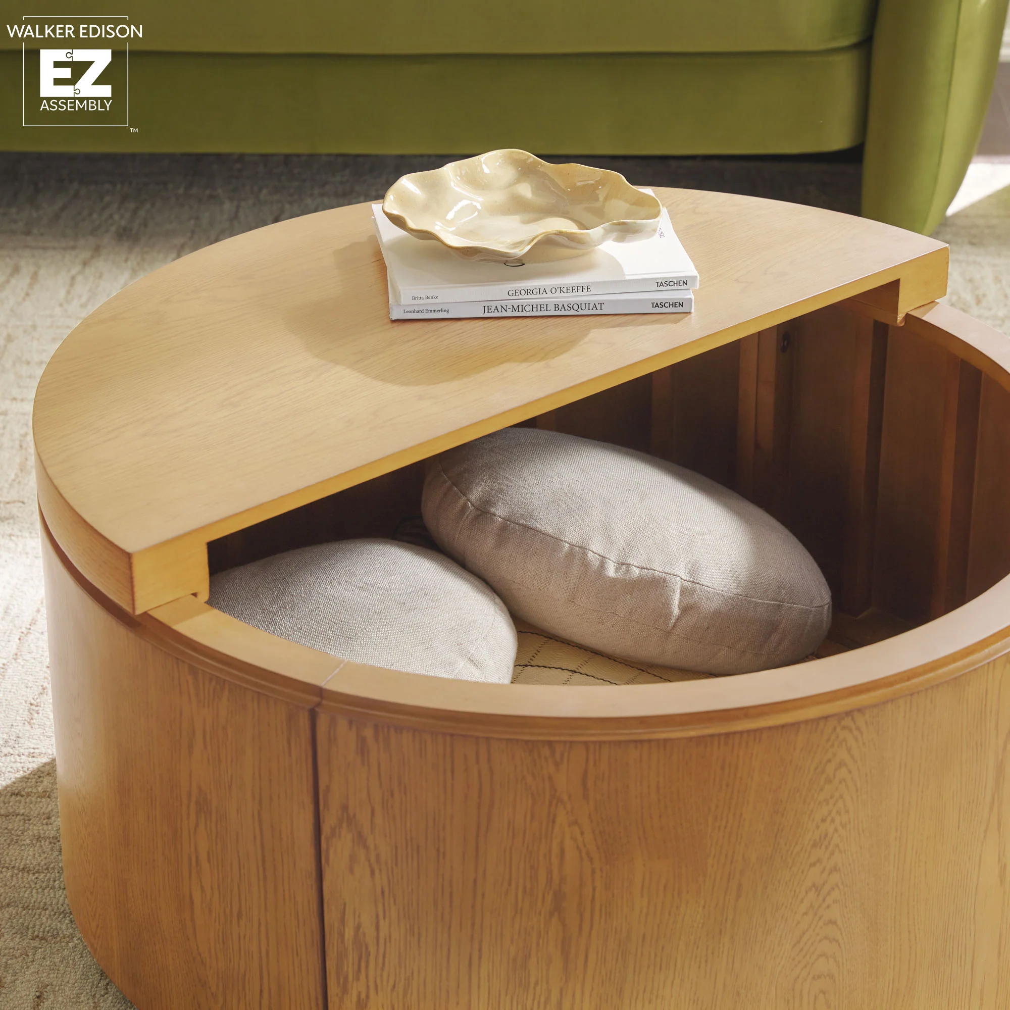 Maya 36" Modern Easy Assembly Round Oak Wood Veneer Coffee table with Storage - Image 15