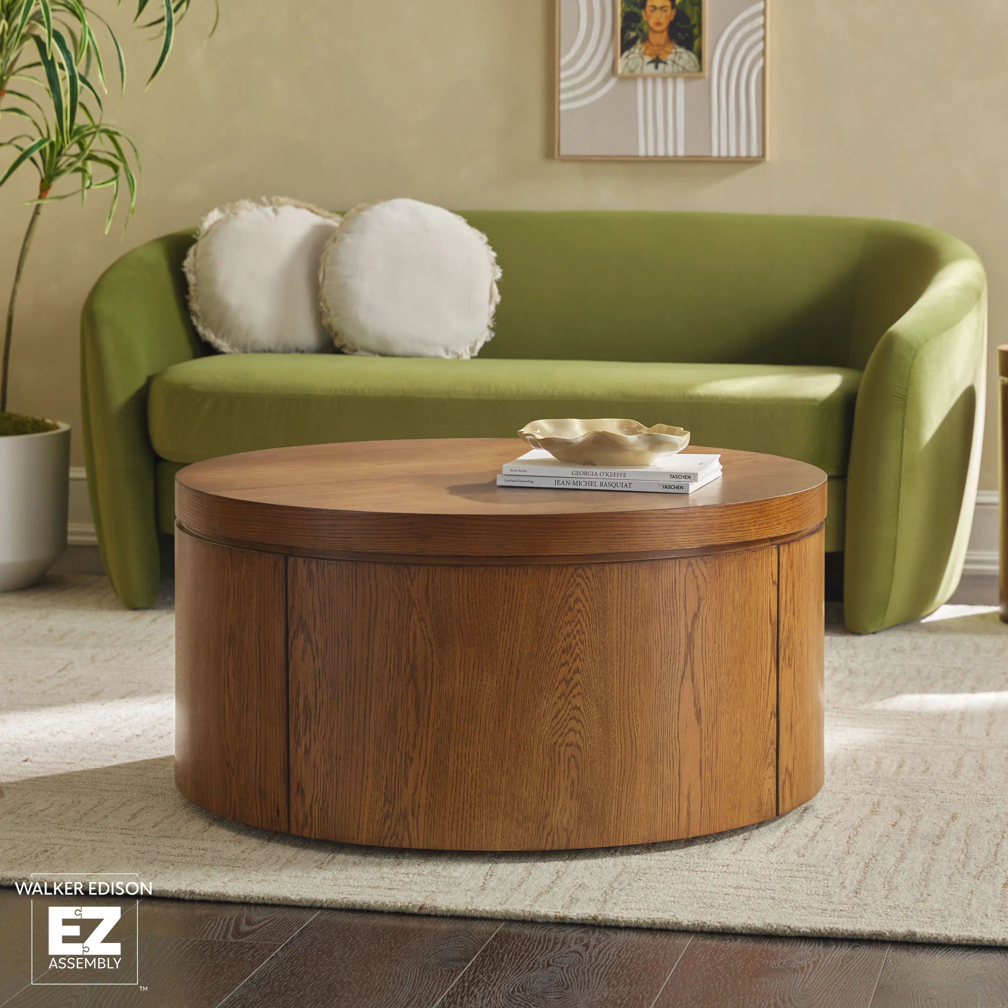 Maya 36" Modern Easy Assembly Round Oak Wood Veneer Coffee table with Storage - Image 4