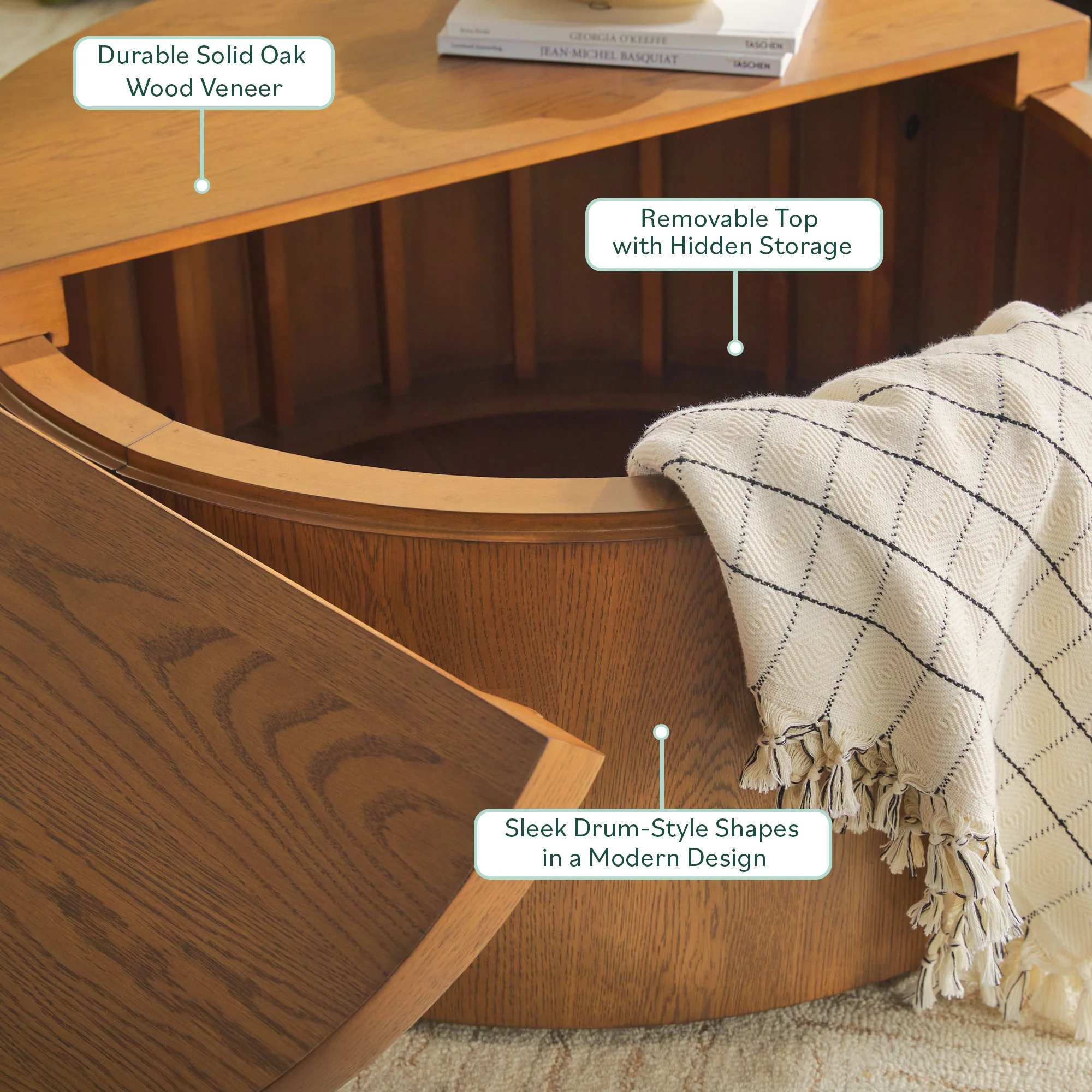 Maya 36" Modern Easy Assembly Round Oak Wood Veneer Coffee table with Storage - Image 5