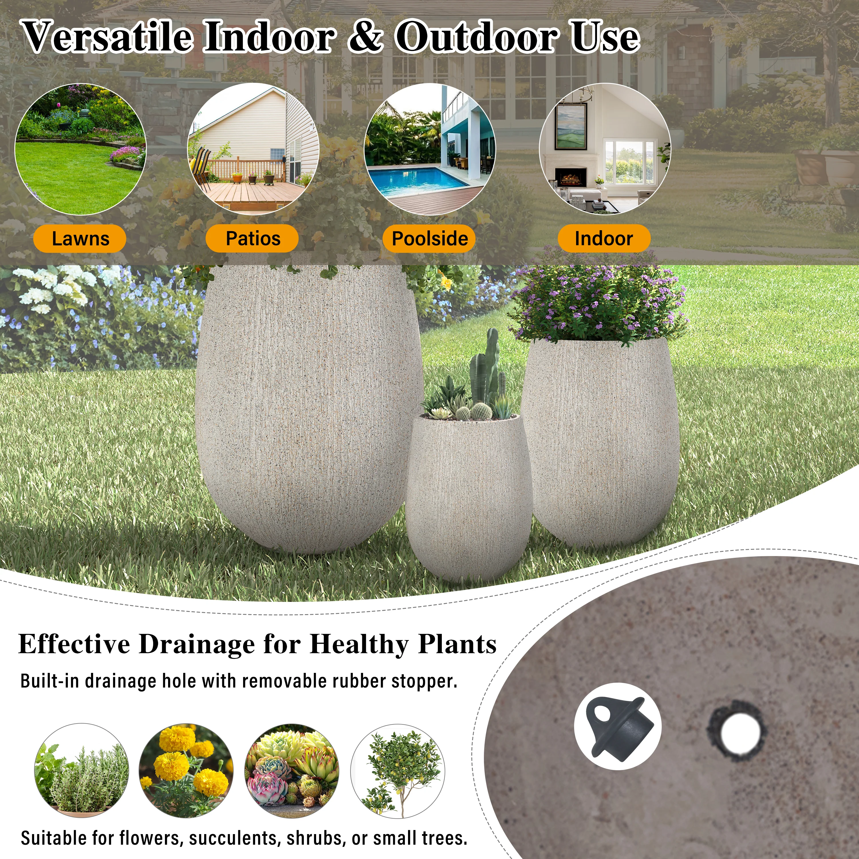 Modern Stone-Look Textured Round Shaped Lightweight Outdoor Planter Set of 3 - Image 10